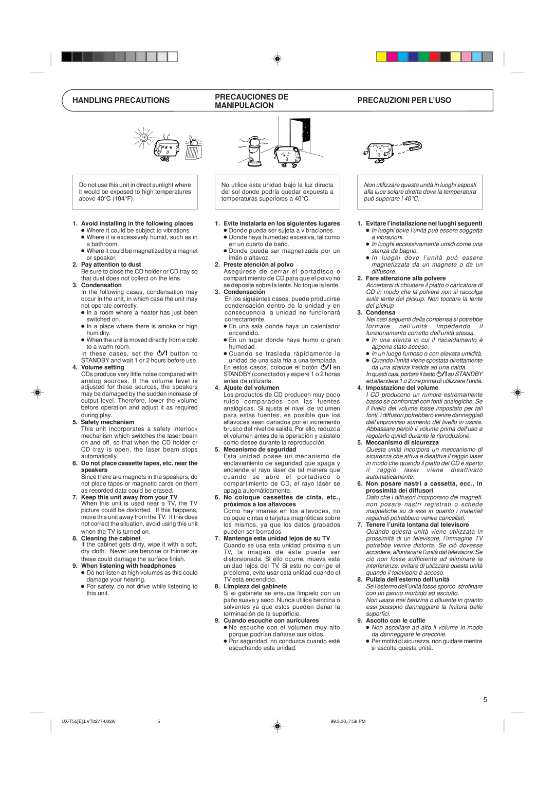 JVC UX-T55 Avoid installing in the following places, Pay attention to dust, Condensation, Volume setting, Safety mechanism 