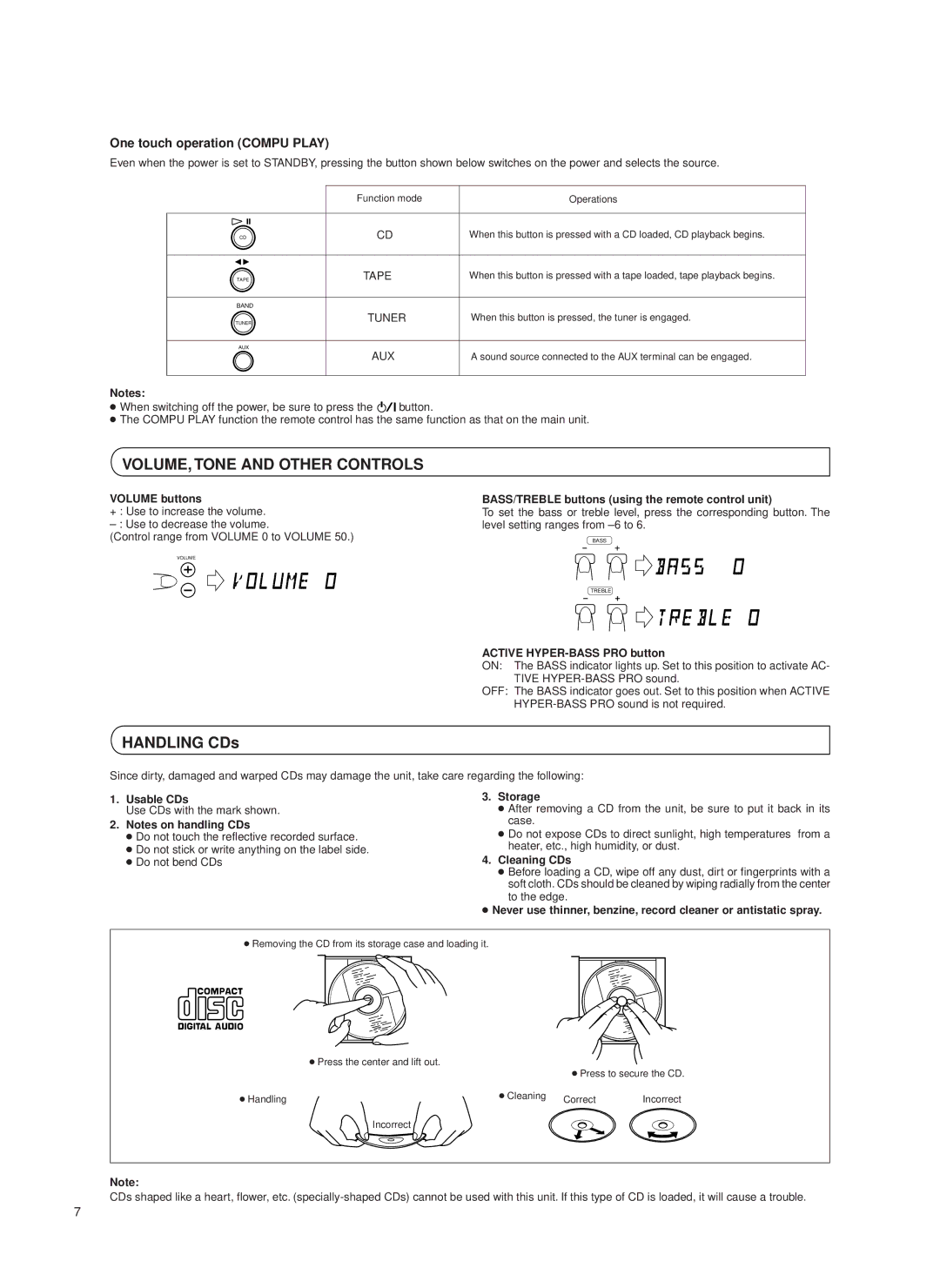 JVC UX-T550 specifications VOLUME, Tone and Other Controls, One touch operation Compu Play 