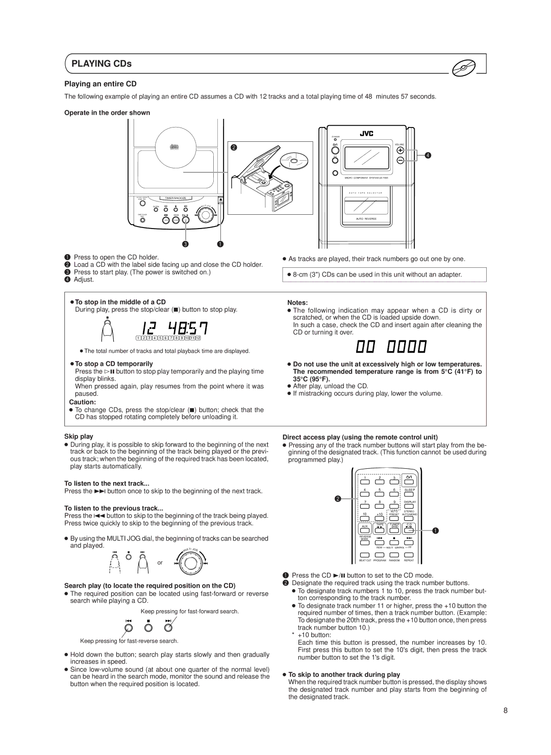 JVC UX-T550 specifications Playing an entire CD 