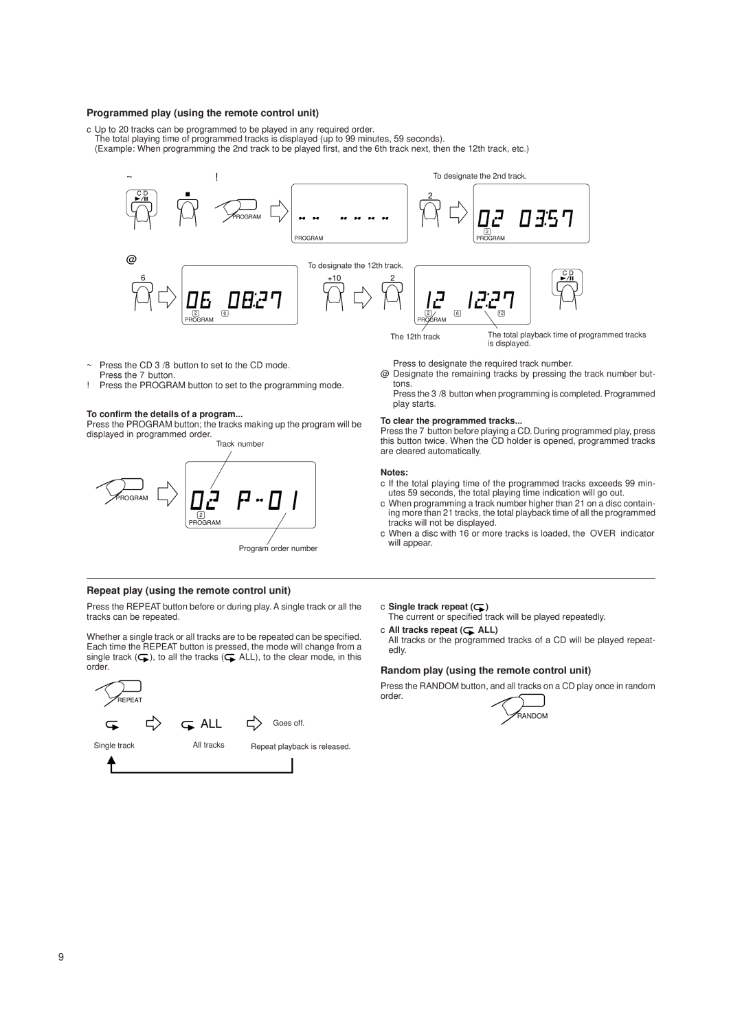 JVC UX-T550 specifications Programmed play using the remote control unit, Repeat play using the remote control unit 