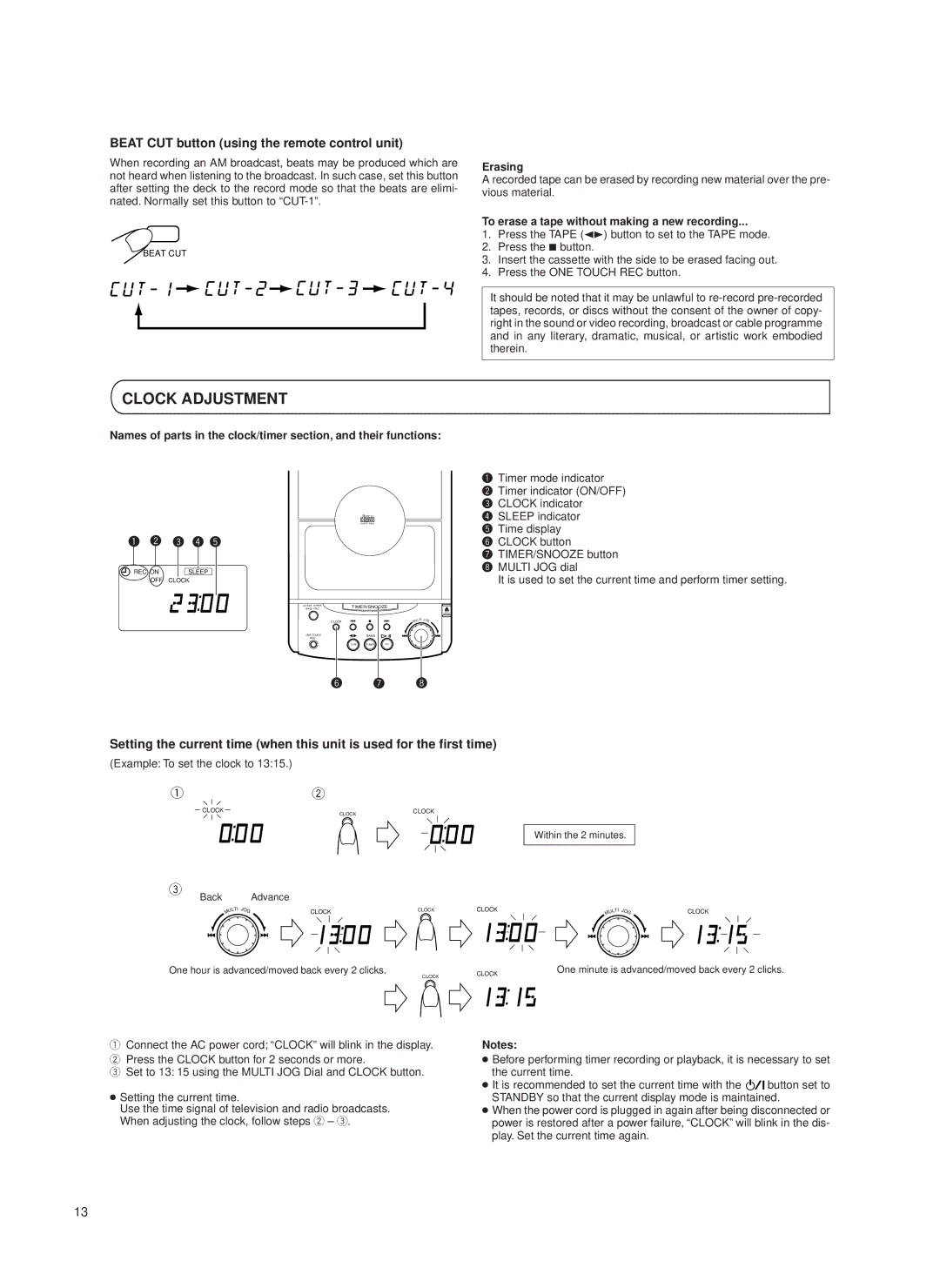 JVC UX-T550 specifications Clock Adjustment, Beat CUT button using the remote control unit 