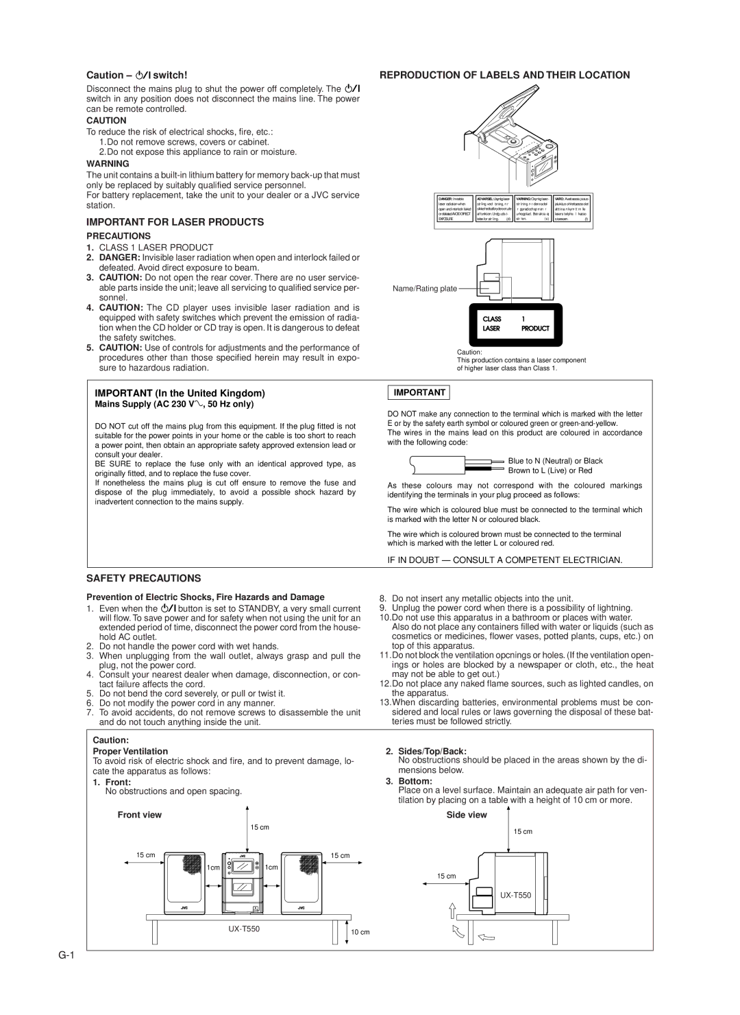 JVC UX-T550 specifications Important In the United Kingdom 