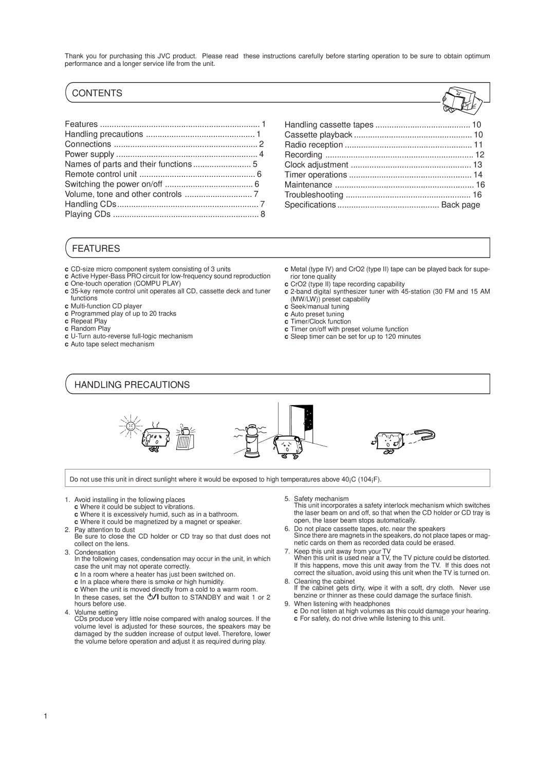 JVC UX-T550 specifications Contents, Features, Handling Precautions 