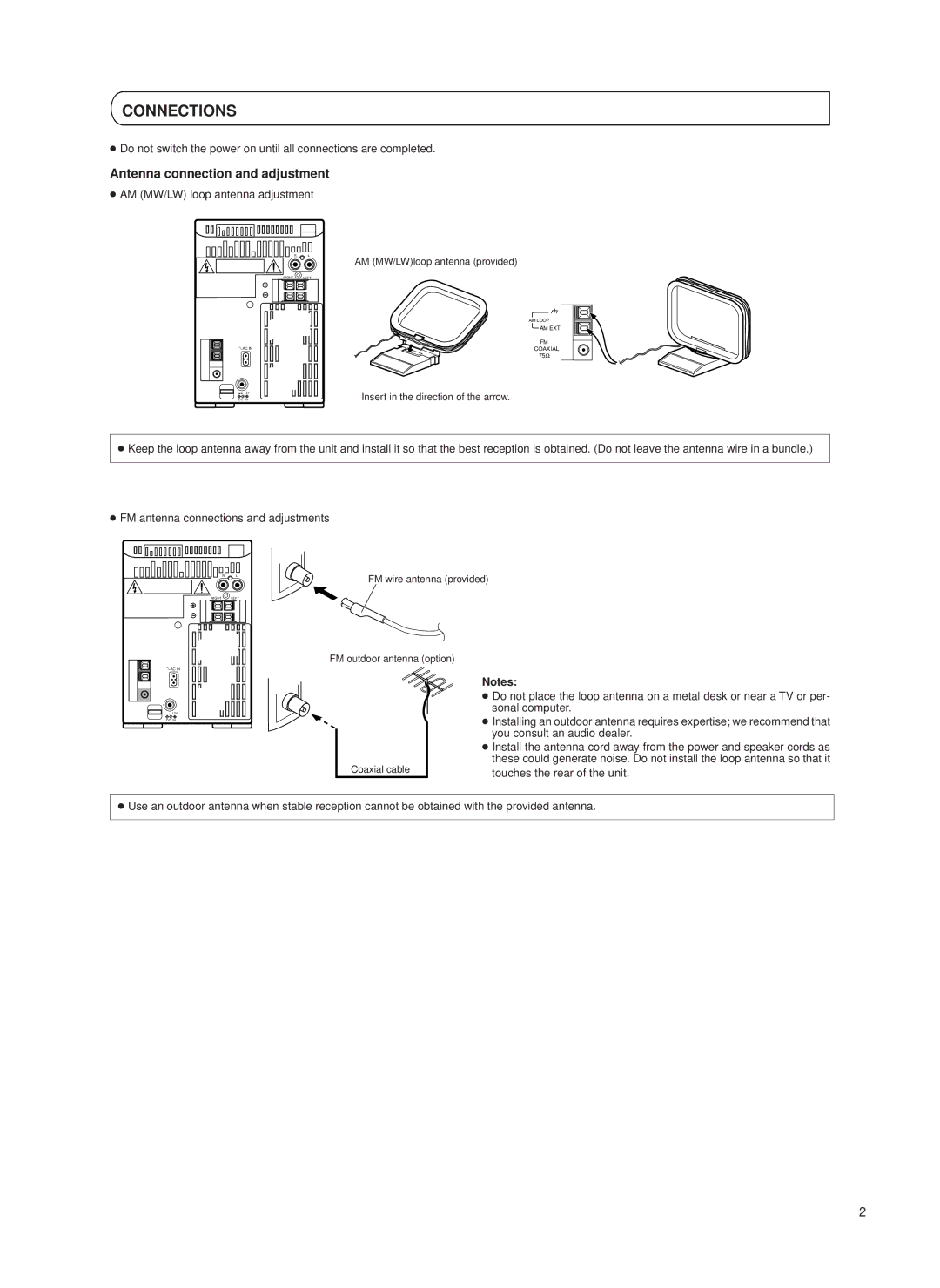 JVC UX-T550 specifications Connections, Antenna connection and adjustment 