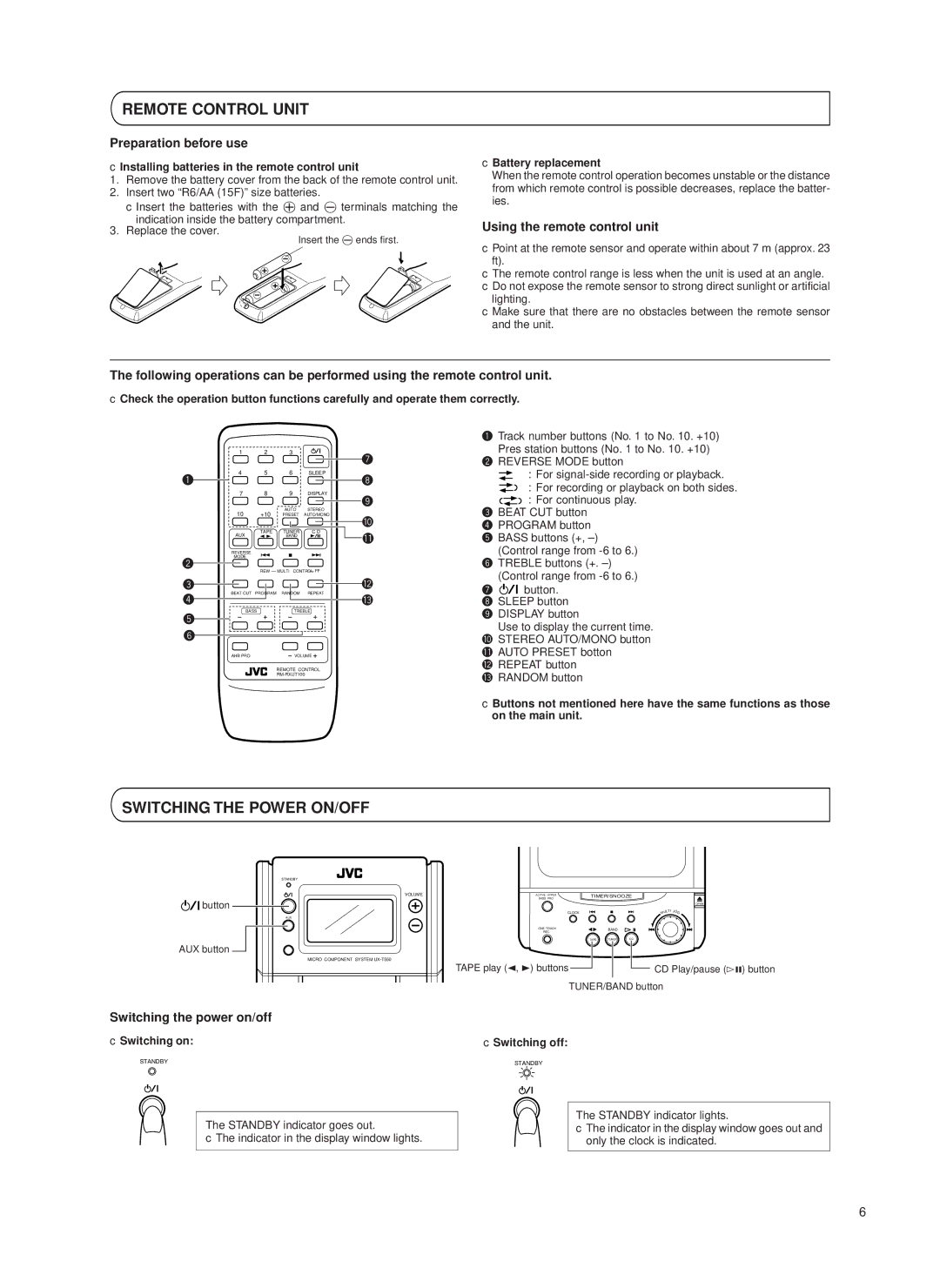 JVC UX-T550 Remote Control Unit, Switching the Power ON/OFF, Preparation before use, Using the remote control unit 