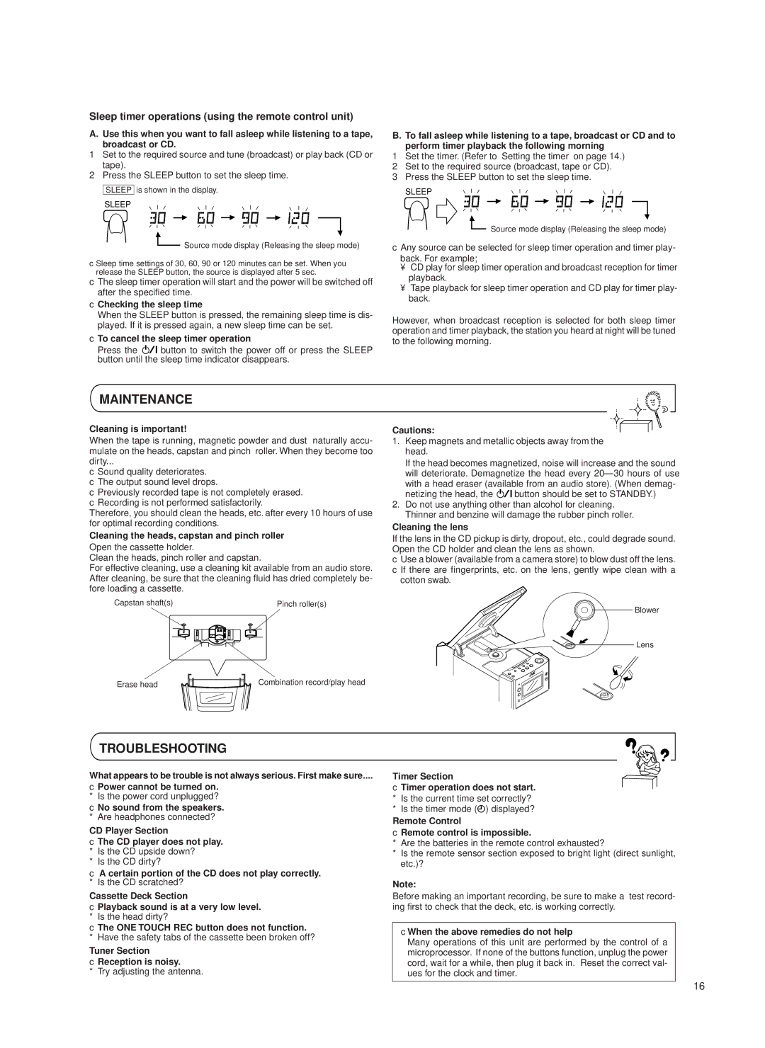 JVC UX-T550 specifications Maintenance, Troubleshooting, Sleep timer operations using the remote control unit 