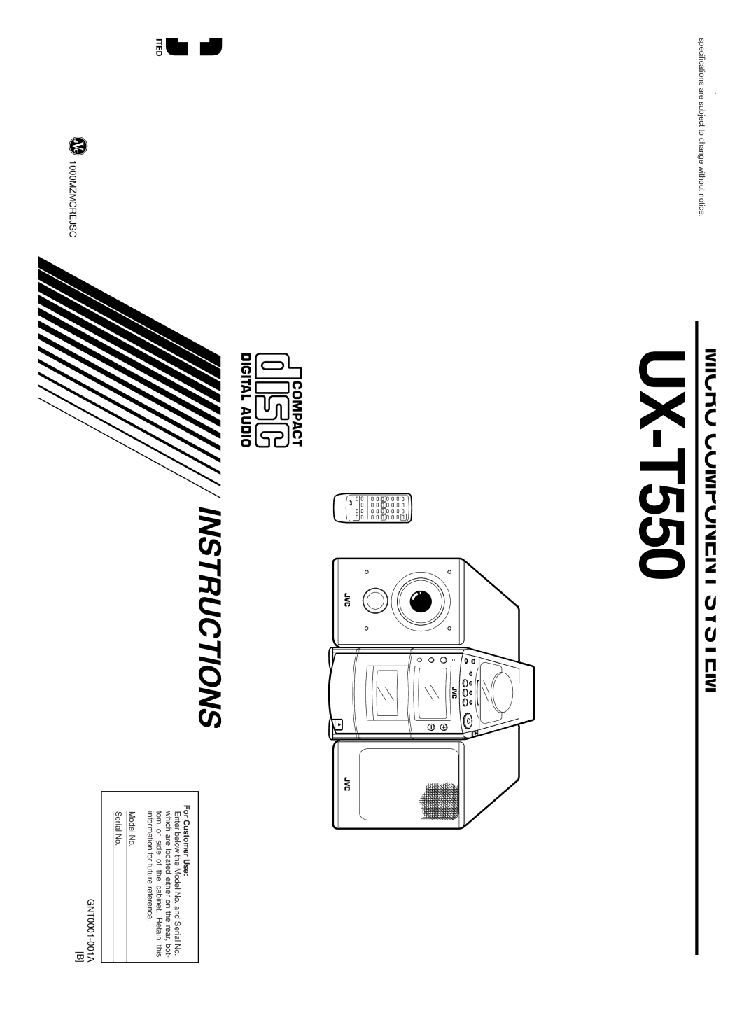 JVC UX-T550 Specifications, CD player section General, Radio section, Tape deck section, Speaker Section each unit 