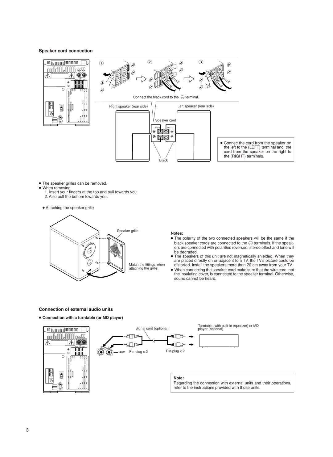 JVC UX-T550 Speaker cord connection, Connection of external audio units, Connection with a turntable or MD player 