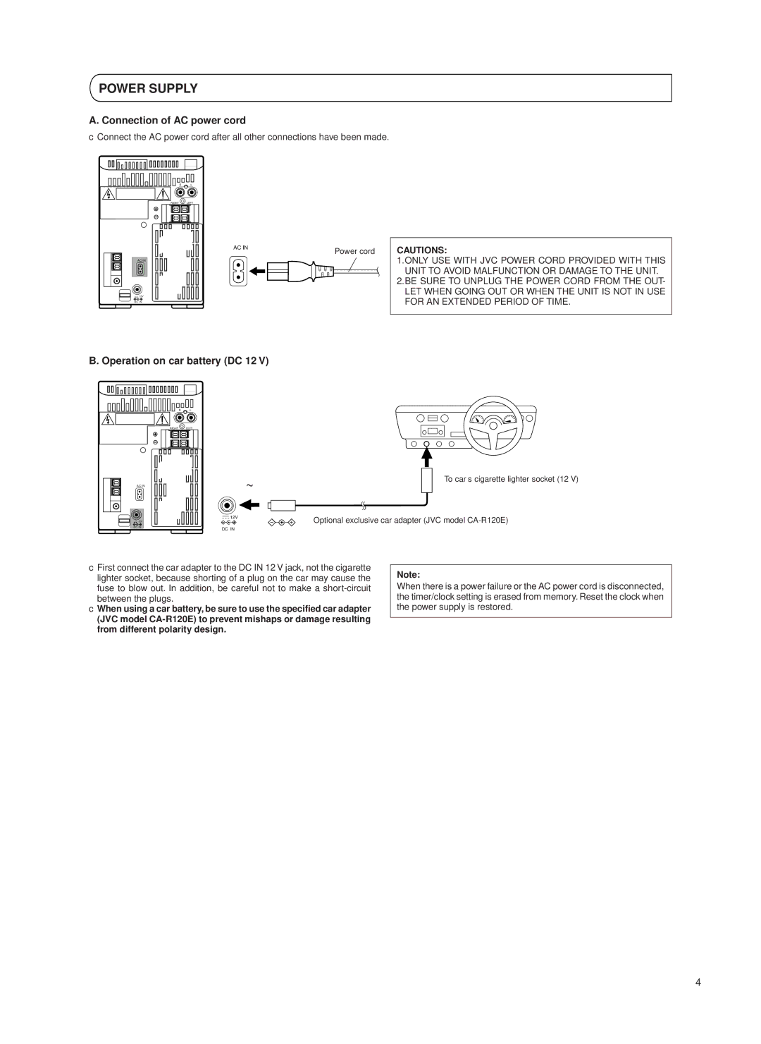 JVC UX-T550 specifications Power Supply, Connection of AC power cord, Operation on car battery DC 12 