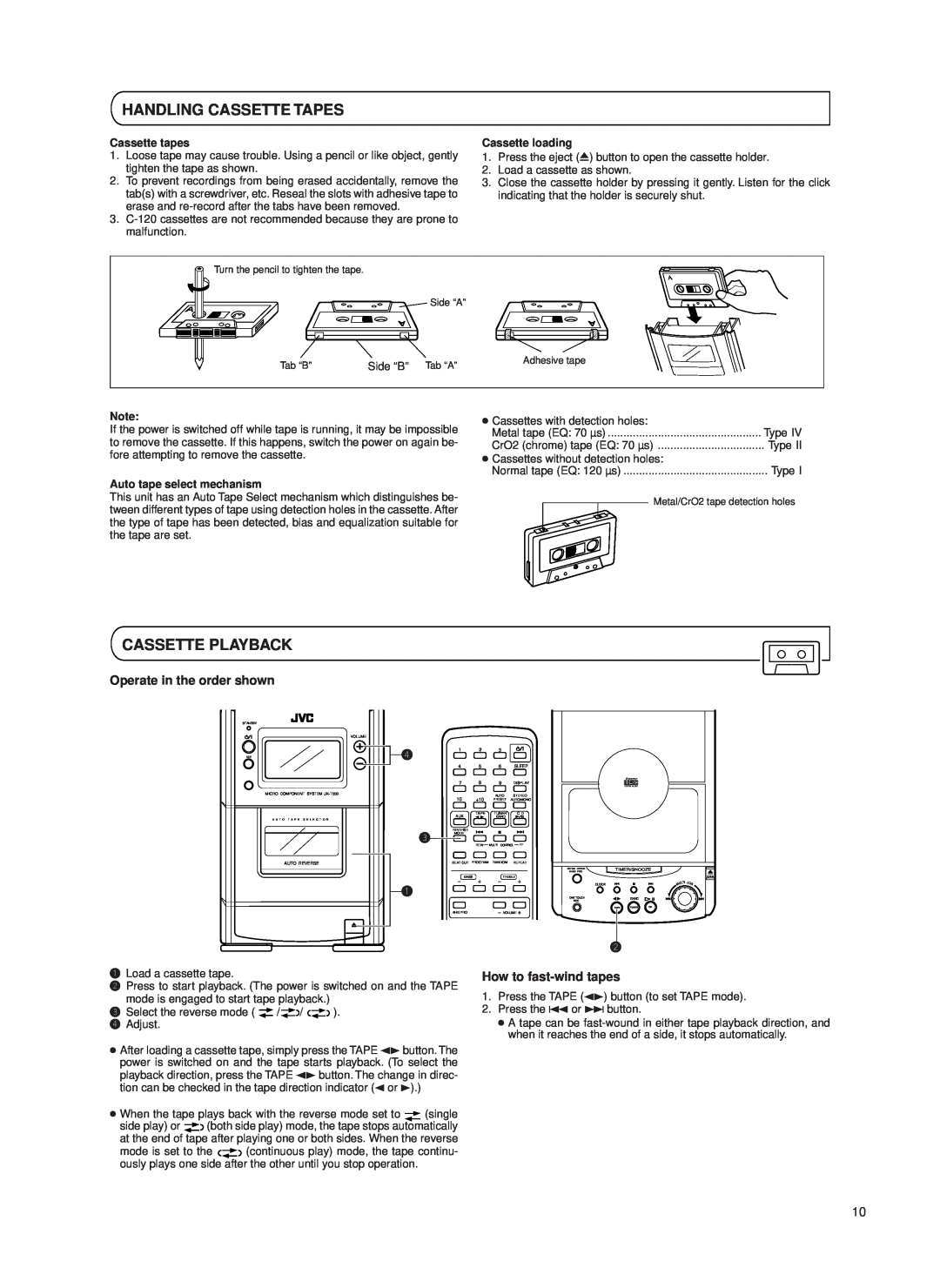 JVC UX-T550 Handling Cassette Tapes, Cassette Playback, Operate in the order shown, How to fast-windtapes, Cassette tapes 