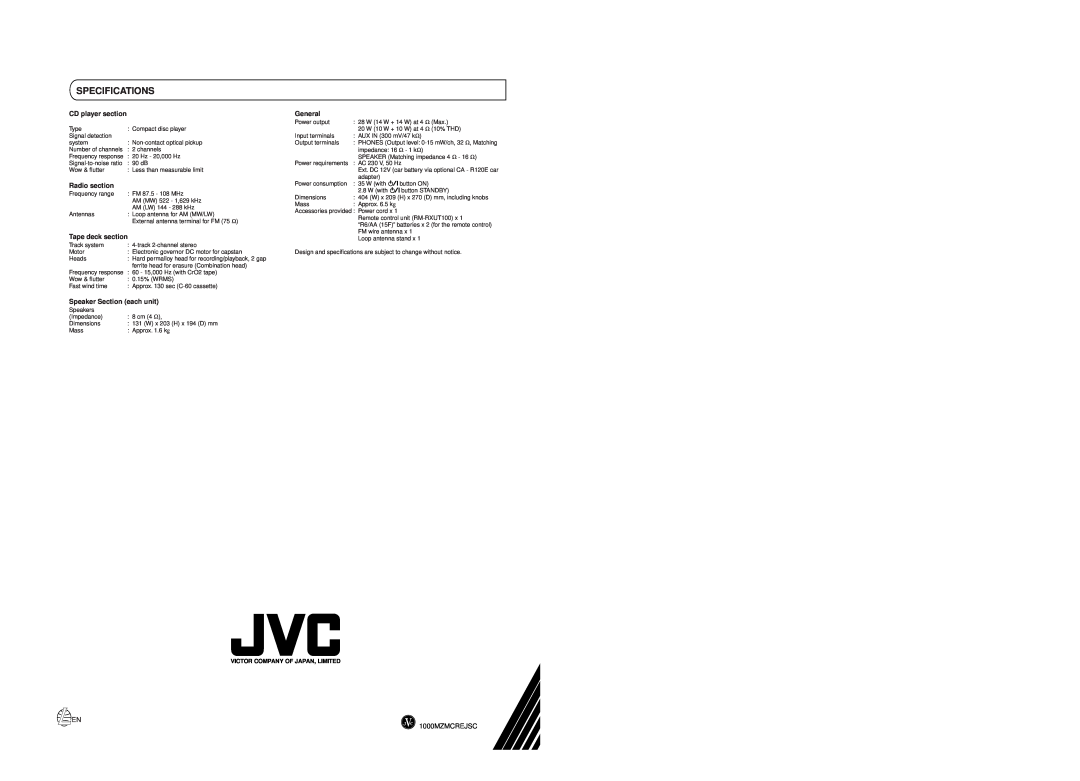 JVC UX-T550 Specifications, CD player section, General, Radio section, Tape deck section, Speaker Section each unit 