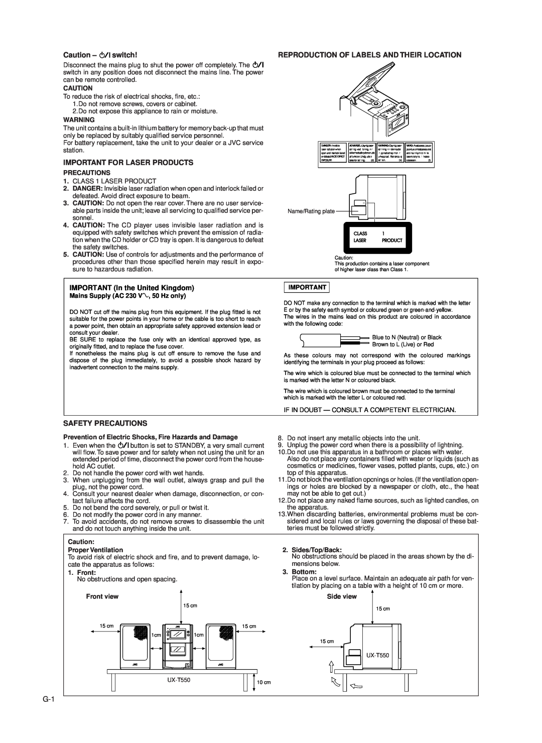 JVC UX-T550 Caution -switch, Important For Laser Products, Reproduction Of Labels And Their Location, Safety Precautions 