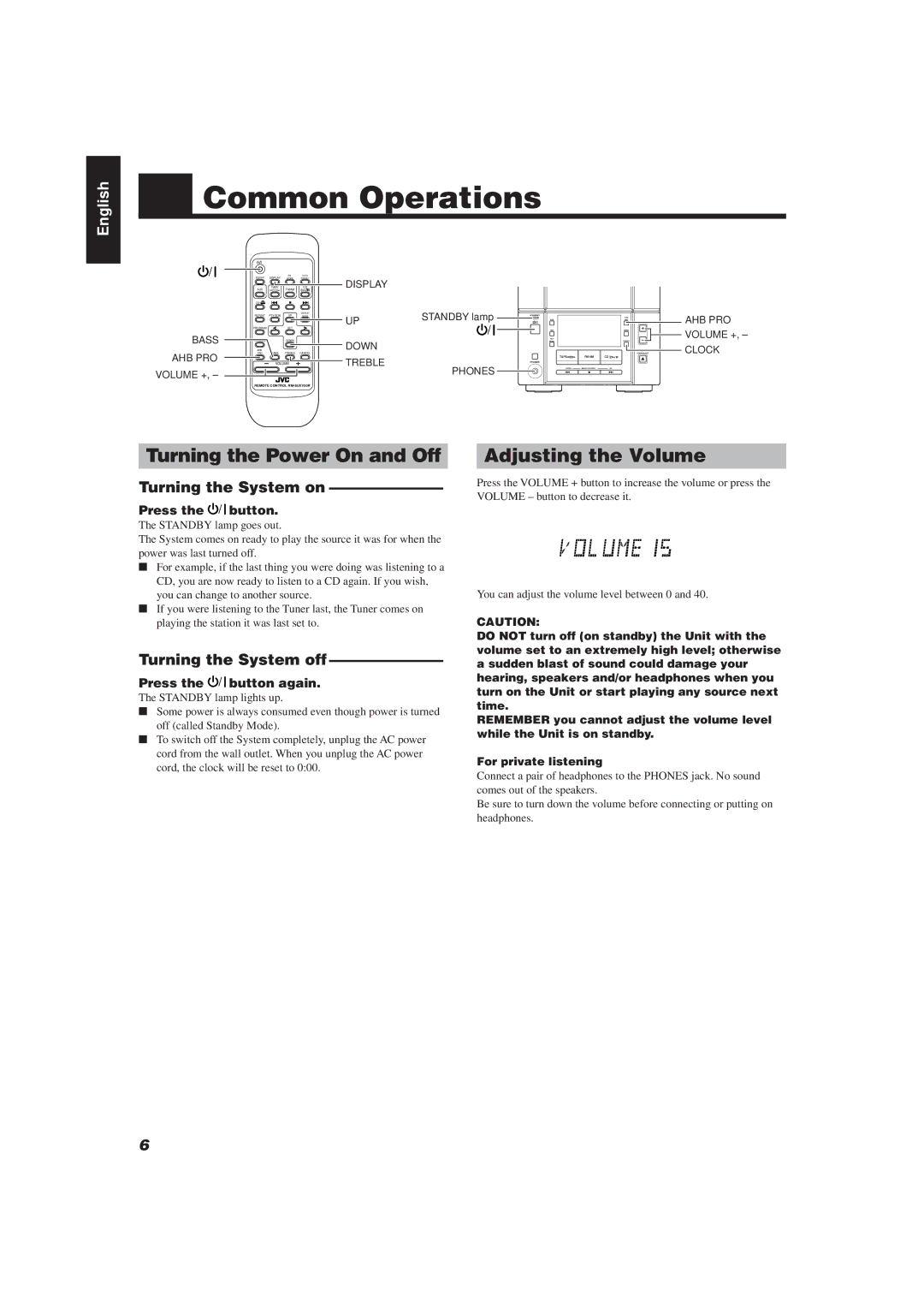 JVC UX-V20R, UX-V10 manual Common Operations, Turning the Power On and Off, Adjusting the Volume, Turning the System on 