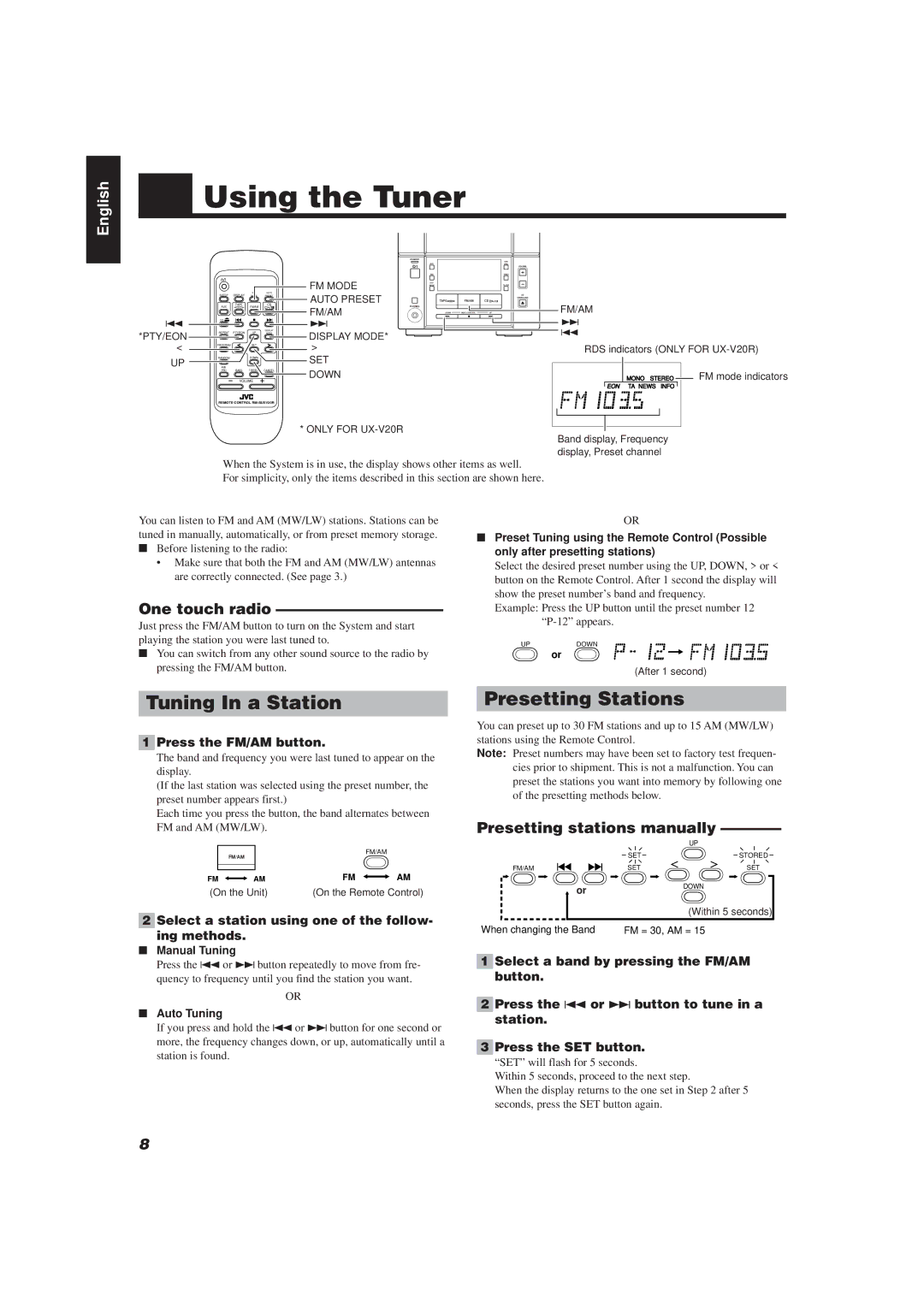 JVC UX-V20R Using the Tuner, Tuning In a Station, Presetting Stations, One touch radio, Presetting stations manually 