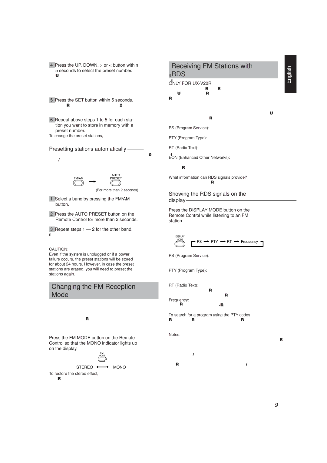 JVC UX-V10, UX-V20R manual Changing the FM Reception Mode, Receiving FM Stations with, Presetting stations automatically 