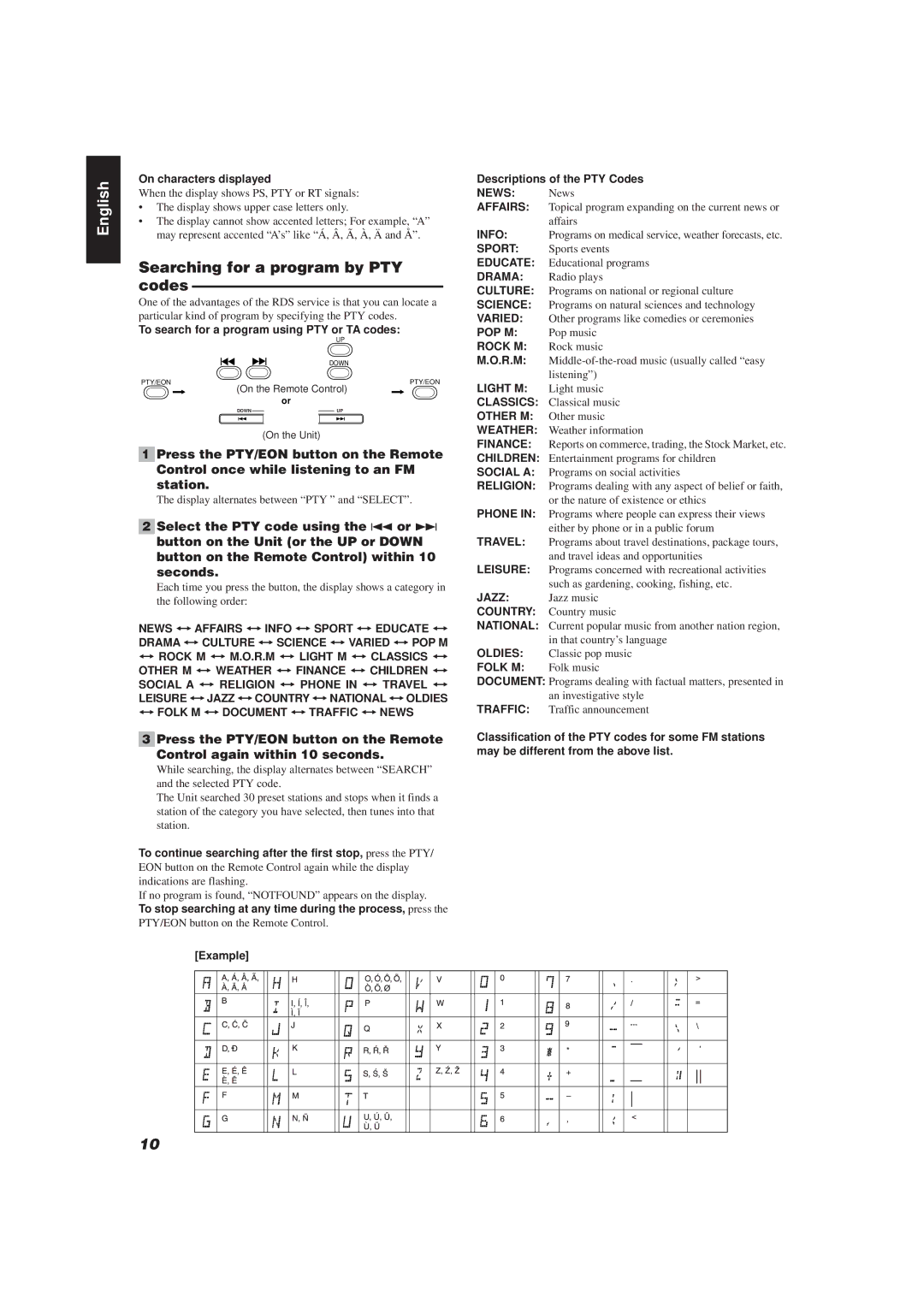 JVC UX-V20R, UX-V10 manual Searching for a program by PTY codes 