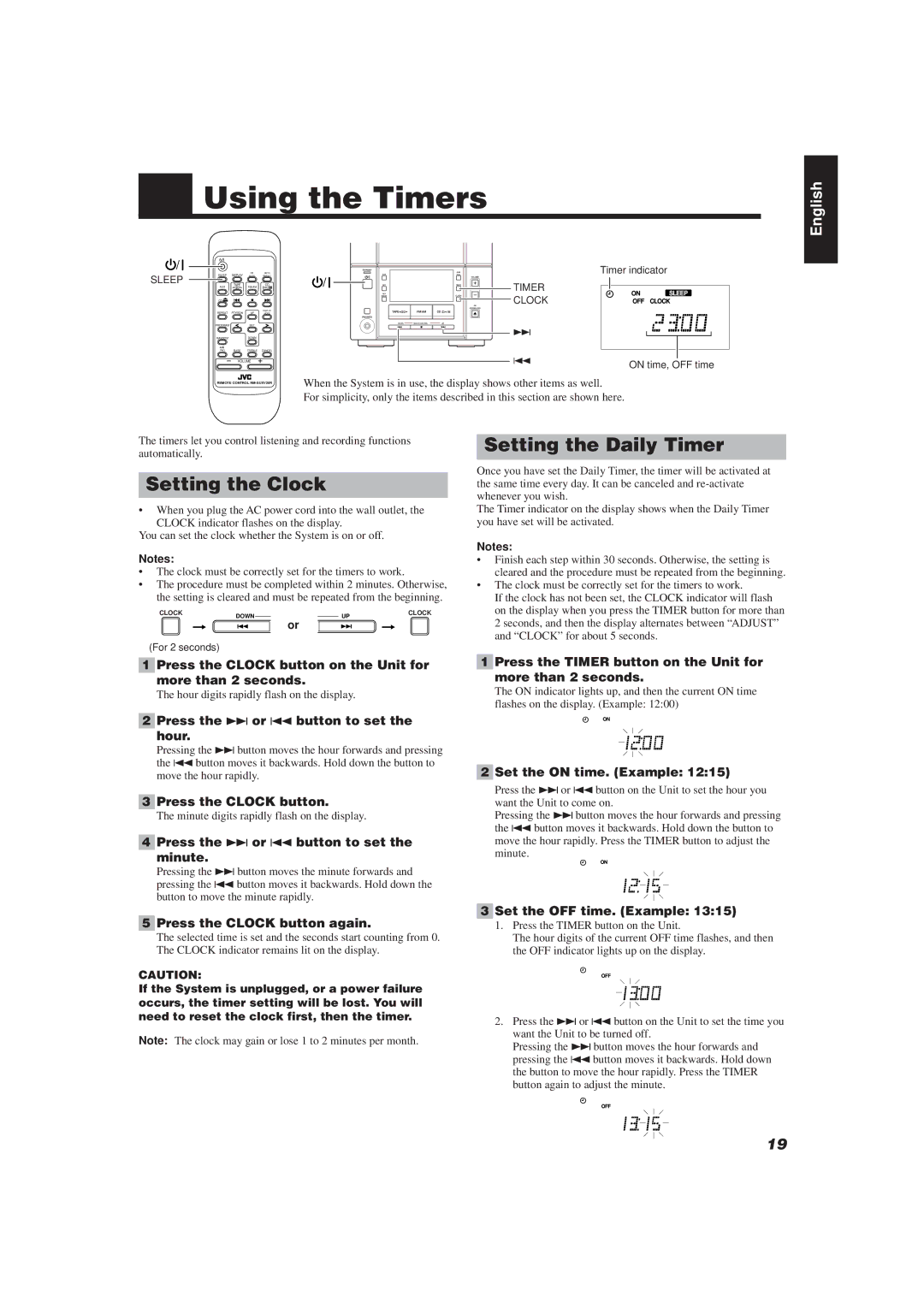 JVC UX-V10, UX-V20R manual Using the Timers, Setting the Clock, Setting the Daily Timer 