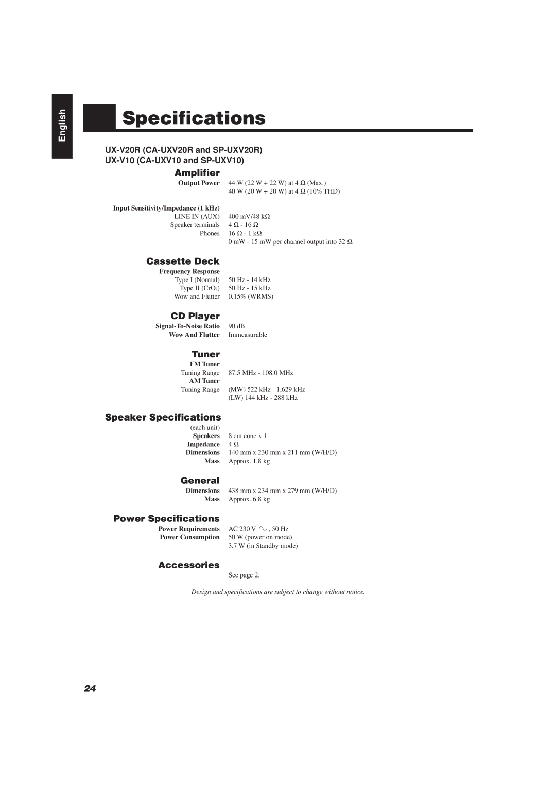 JVC UX-V20R, UX-V10 manual Specifications 