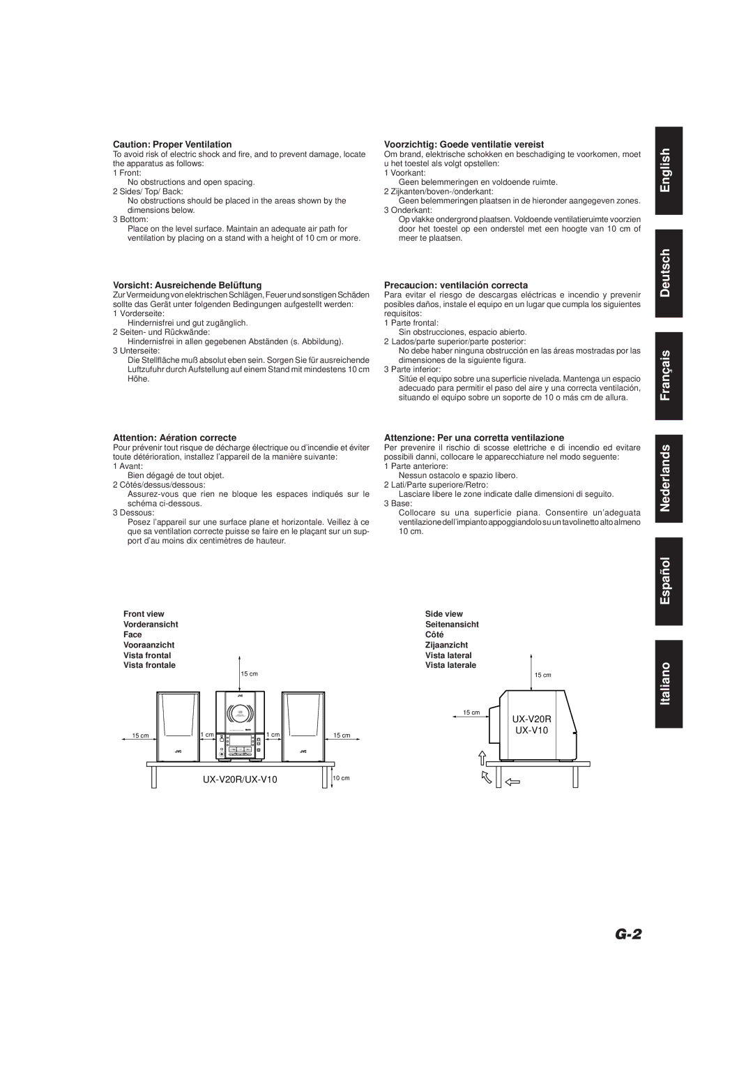 JVC UX-V10, UX-V20R Voorzichtig Goede ventilatie vereist, Vorsicht Ausreichende Belüftung, Precaucion ventilación correcta 