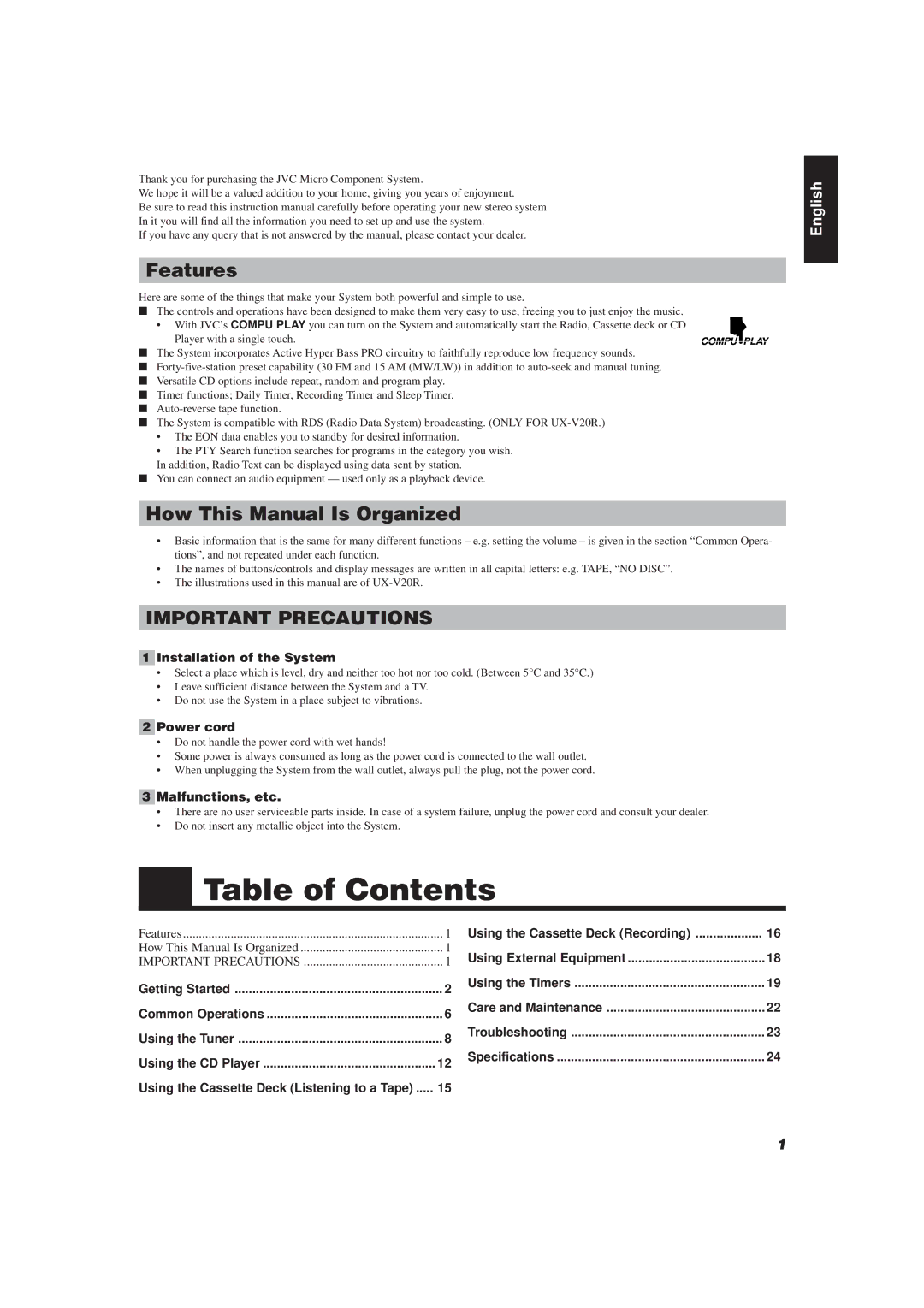 JVC UX-V10, UX-V20R manual Table of Contents 