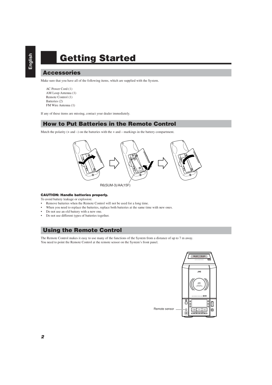 JVC UX-V20R, UX-V10 Getting Started, Accessories, How to Put Batteries in the Remote Control, Using the Remote Control 