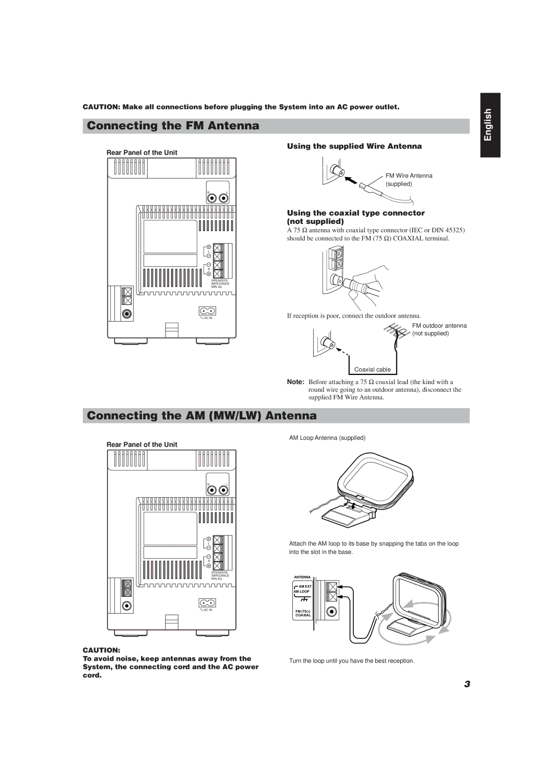 JVC UX-V10, UX-V20R manual Connecting the FM Antenna, Connecting the AM MW/LW Antenna, Using the supplied Wire Antenna 