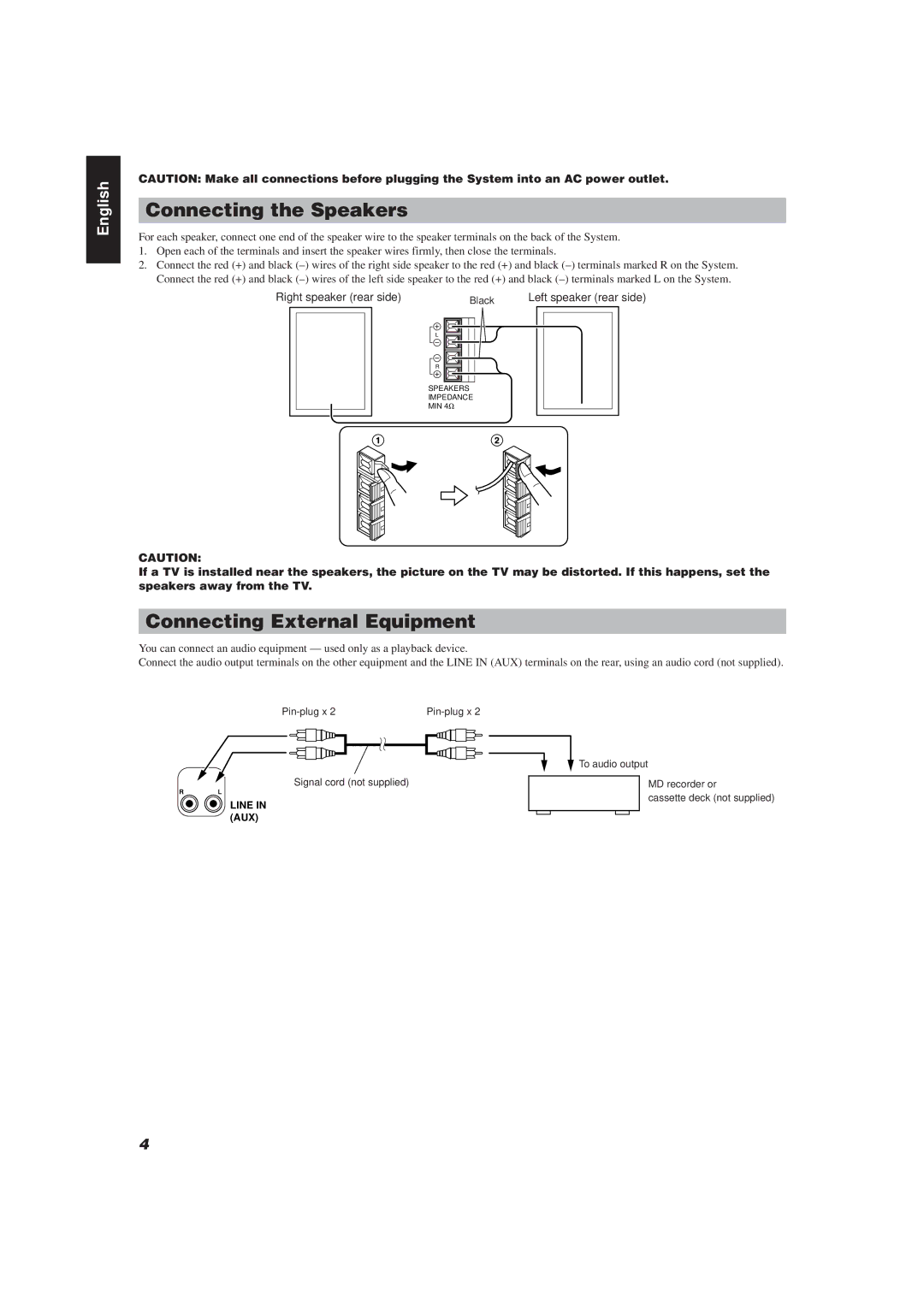 JVC UX-V20R, UX-V10 manual Connecting the Speakers, Connecting External Equipment 