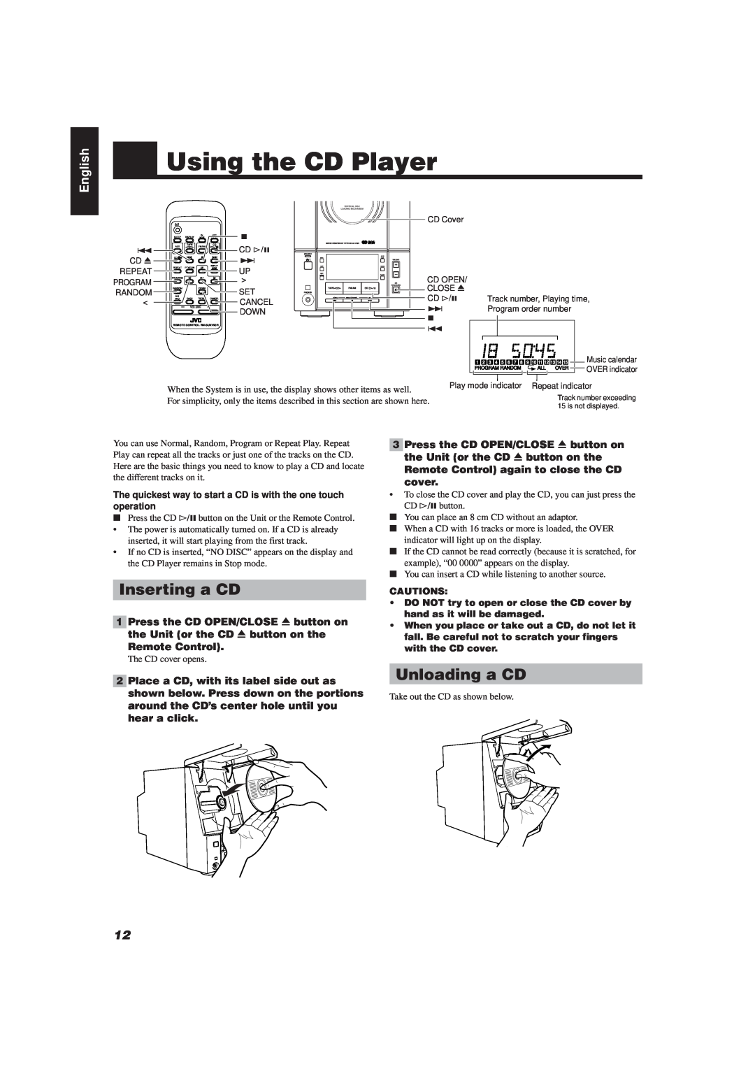 JVC UX-V20R, UX-V10 manual Using the CD Player, Inserting a CD, Unloading a CD, English, Take out the CD as shown below 