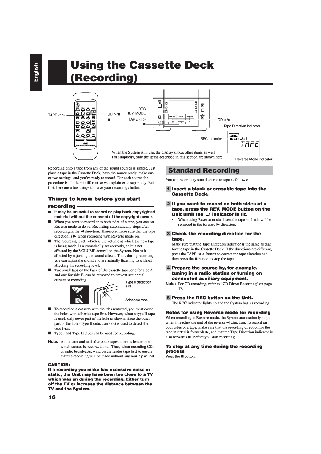 JVC UX-V20R, UX-V10 manual Using the Cassette Deck Recording, Standard Recording, English 