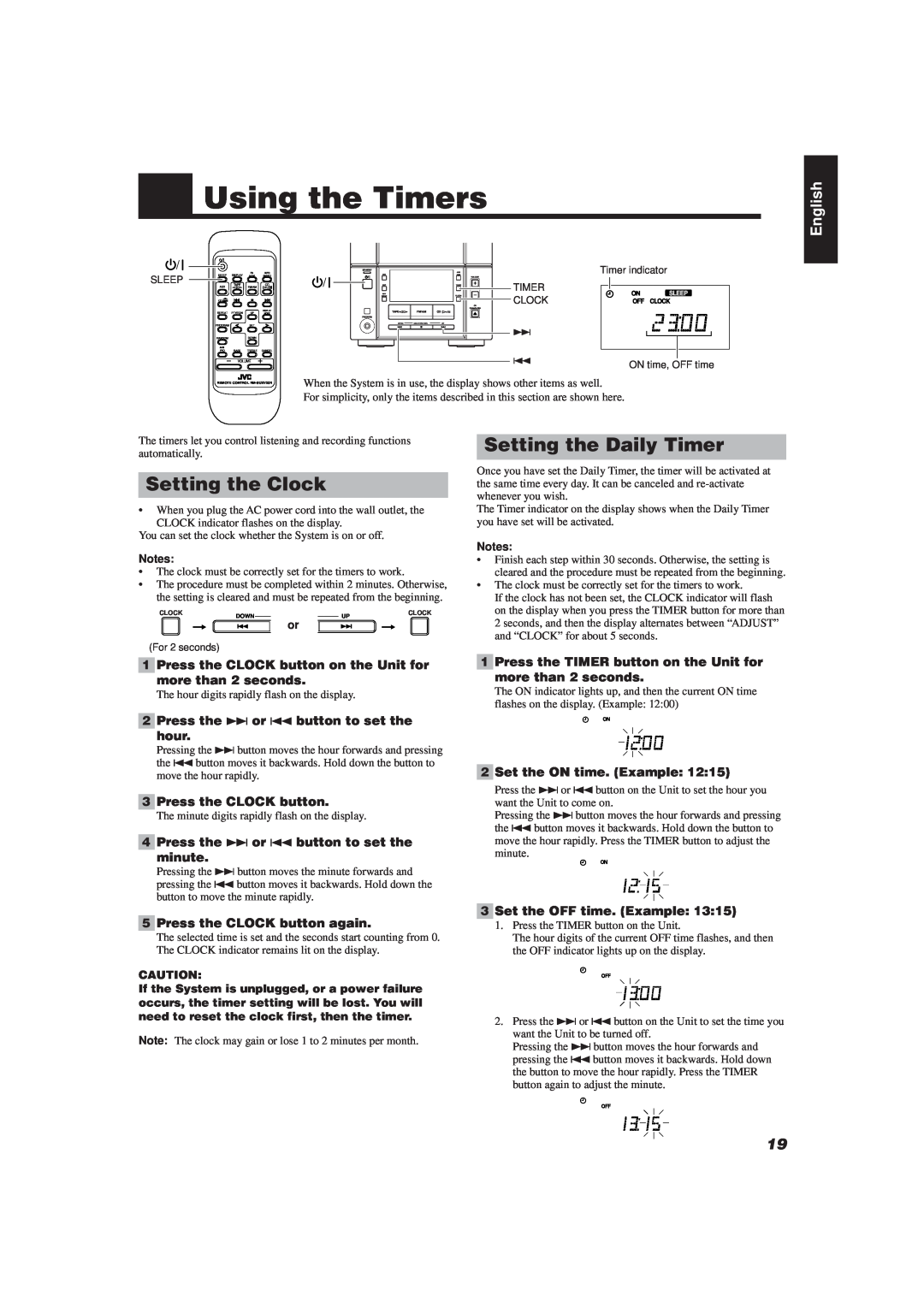 JVC UX-V10, UX-V20R manual Using the Timers, Setting the Clock, Setting the Daily Timer, English 