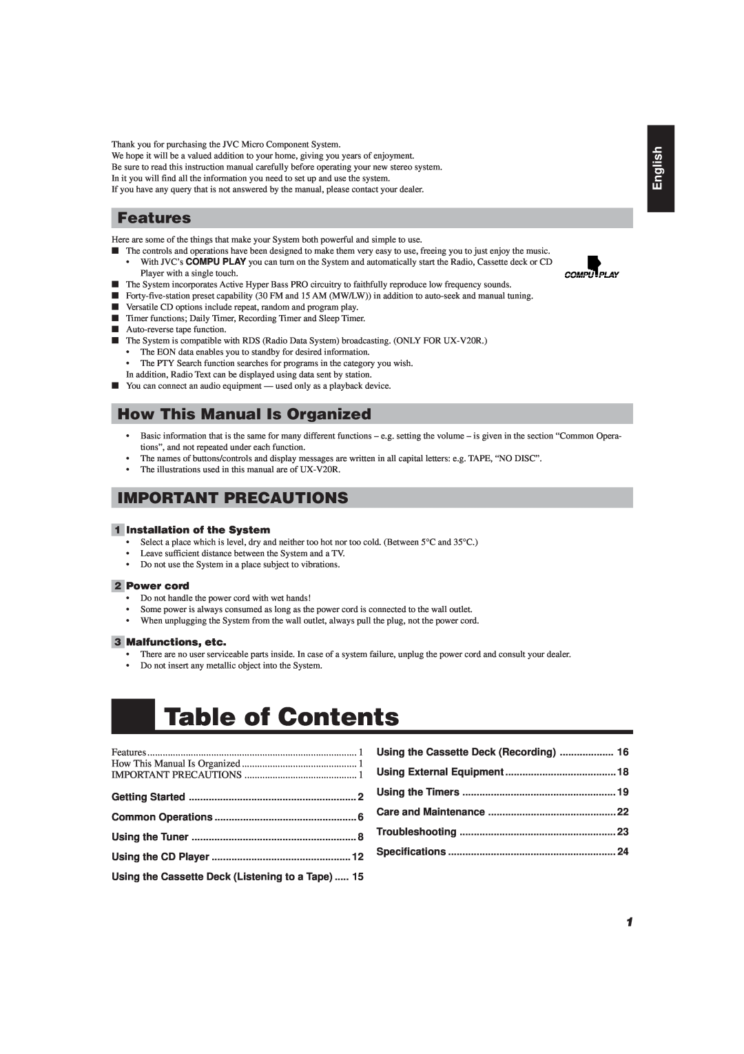 JVC UX-V10, UX-V20R manual Table of Contents, Features, How This Manual Is Organized, Important Precautions, English 