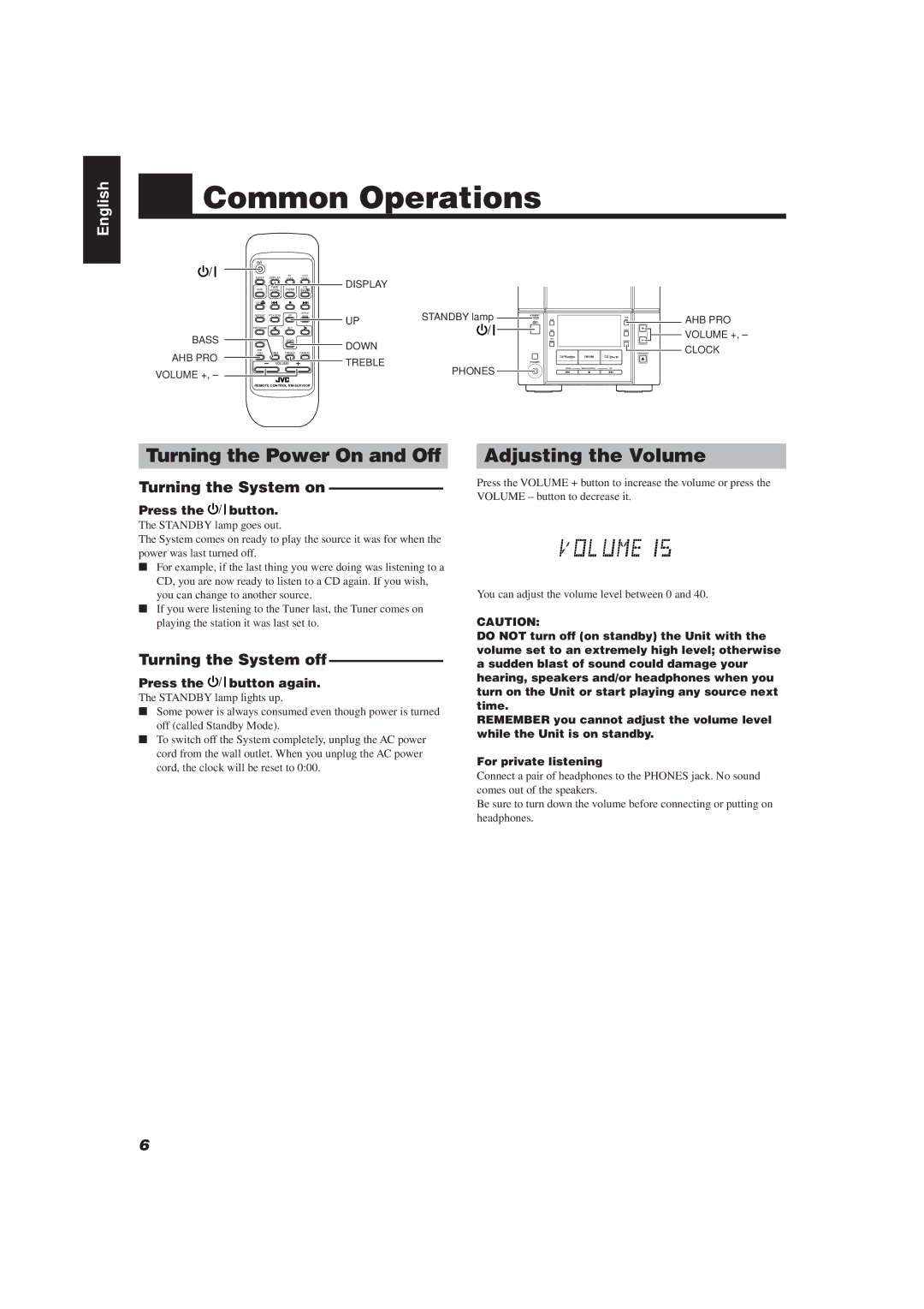 JVC UX-V20R/UX-V10 manual Common Operations, Turning the Power On and Off, Adjusting the Volume, Turning the System on 