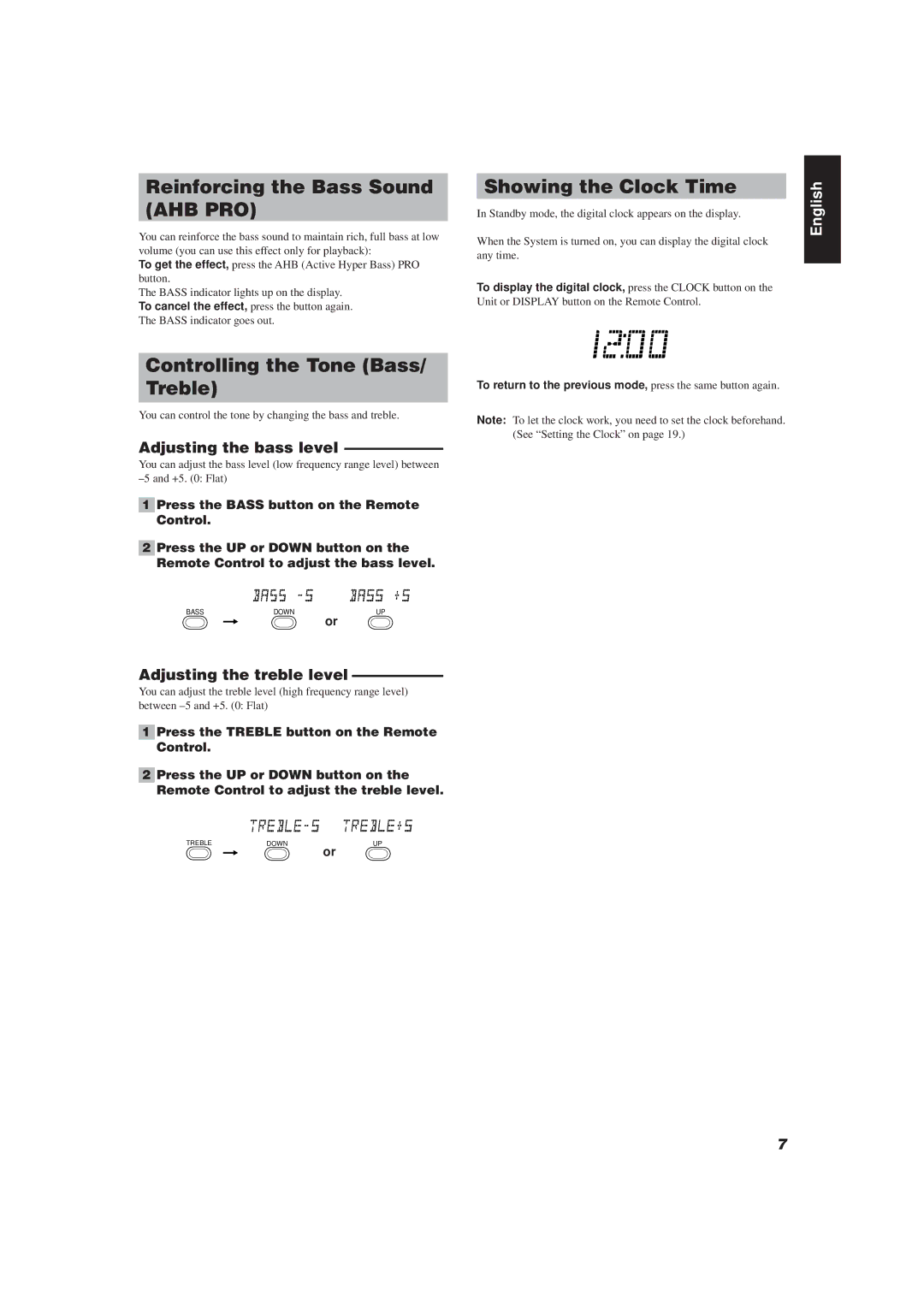 JVC UX-V20R/UX-V10 manual Reinforcing the Bass Sound AHB PRO, Controlling the Tone Bass/ Treble, Showing the Clock Time 