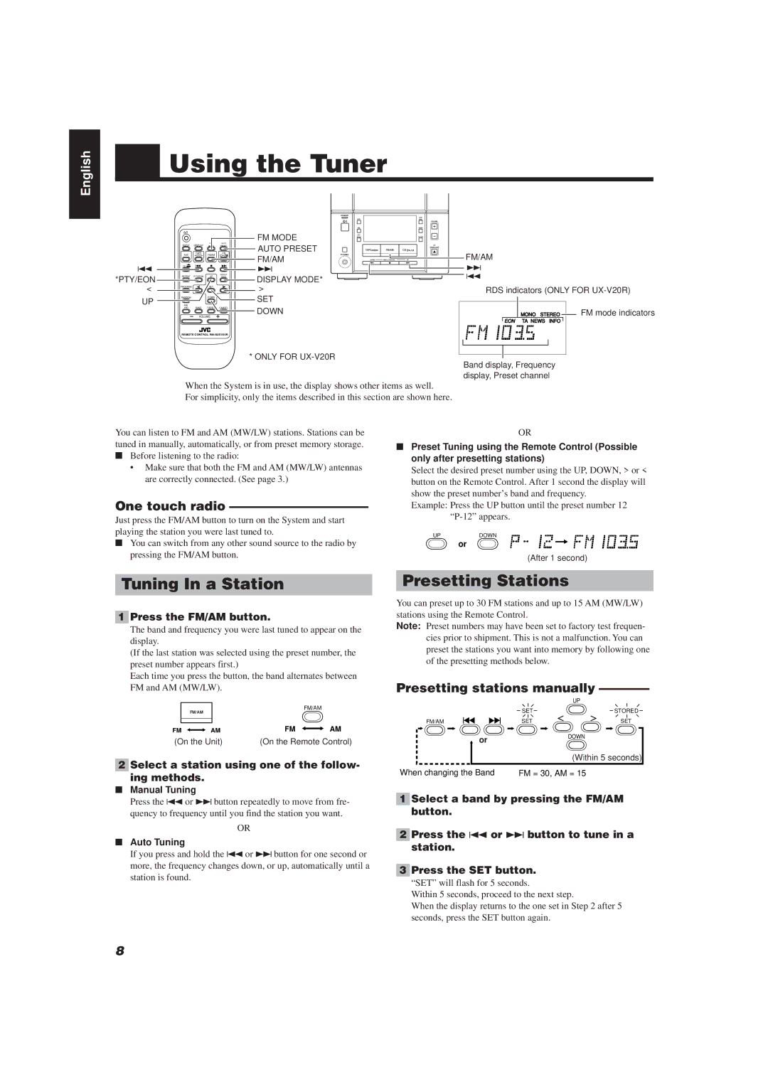 JVC UX-V20R/UX-V10 manual Using the Tuner, Tuning In a Station, Presetting Stations, One touch radio 