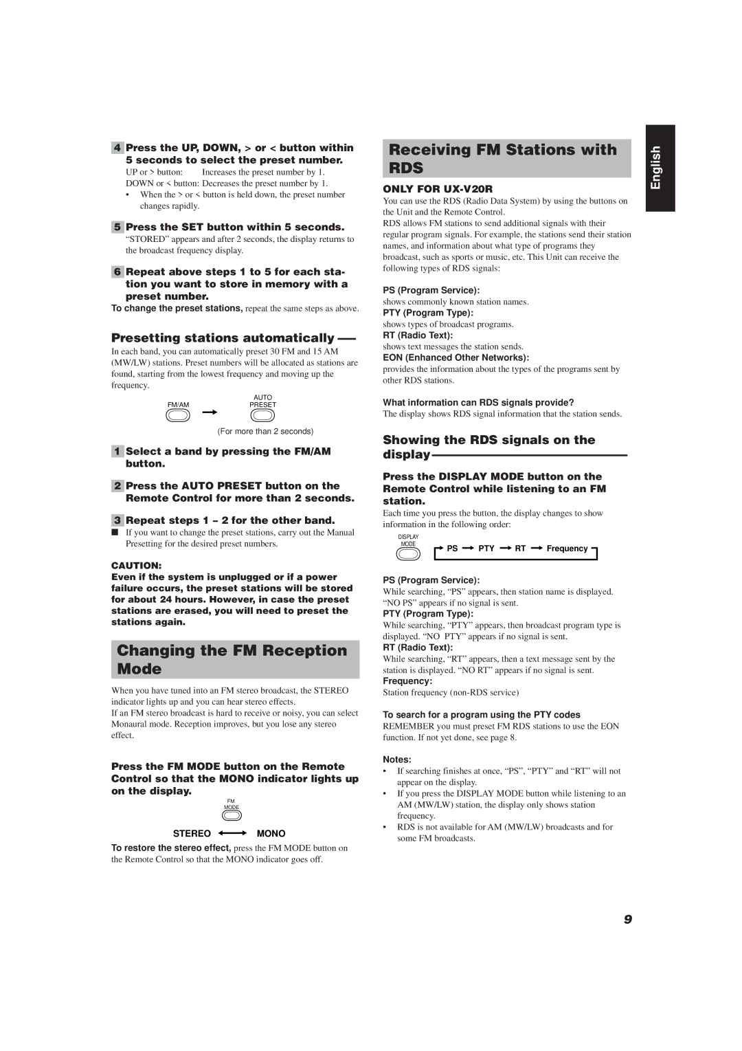 JVC UX-V20R/UX-V10 manual Changing the FM Reception Mode, Receiving FM Stations with, Presetting stations automatically 