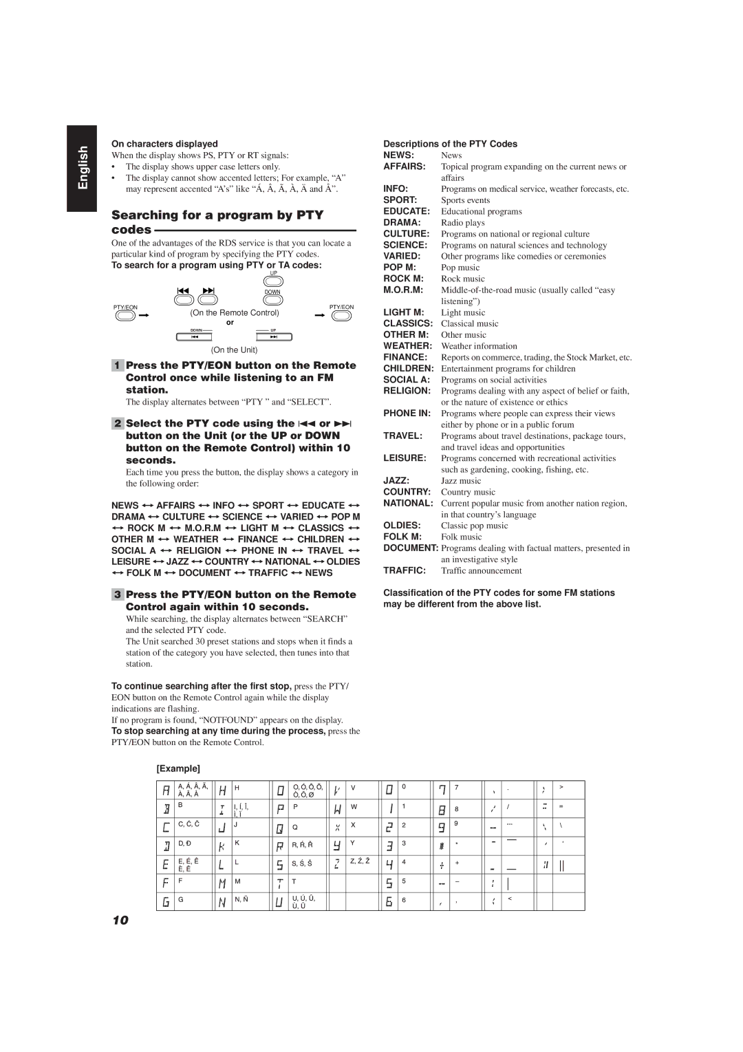 JVC UX-V20R/UX-V10 manual Searching for a program by PTY codes 