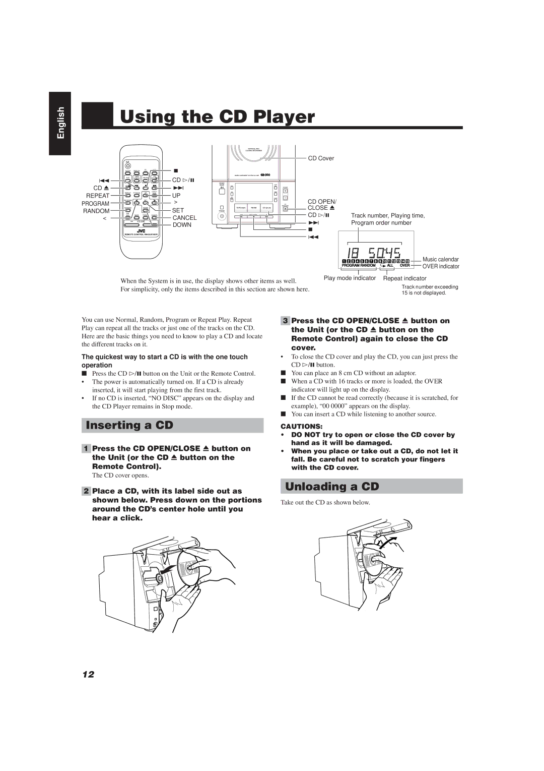 JVC UX-V20R/UX-V10 manual Using the CD Player, Inserting a CD, Unloading a CD 