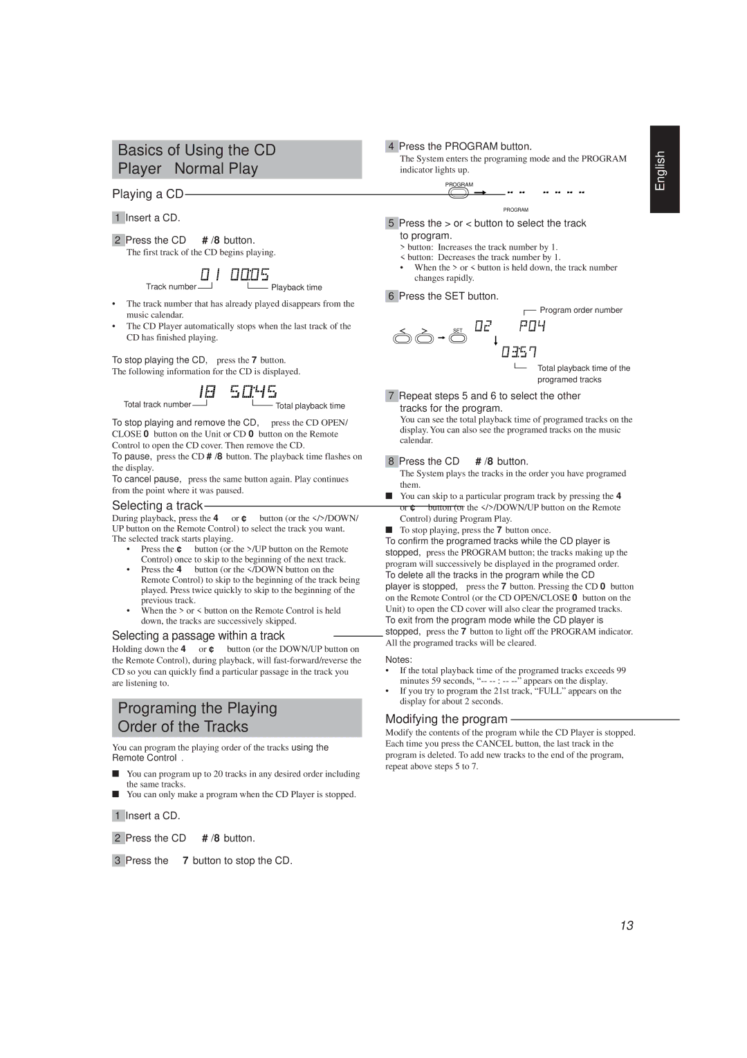 JVC UX-V20R/UX-V10 manual Basics of Using the CD Player Normal Play, Programing the Playing Order of the Tracks 