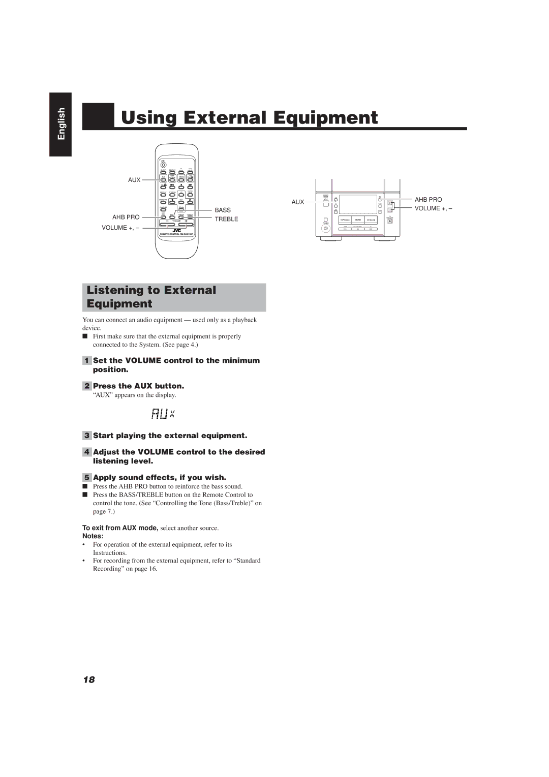 JVC UX-V20R/UX-V10 Using External Equipment, Listening to External Equipment, To exit from AUX mode, select another source 