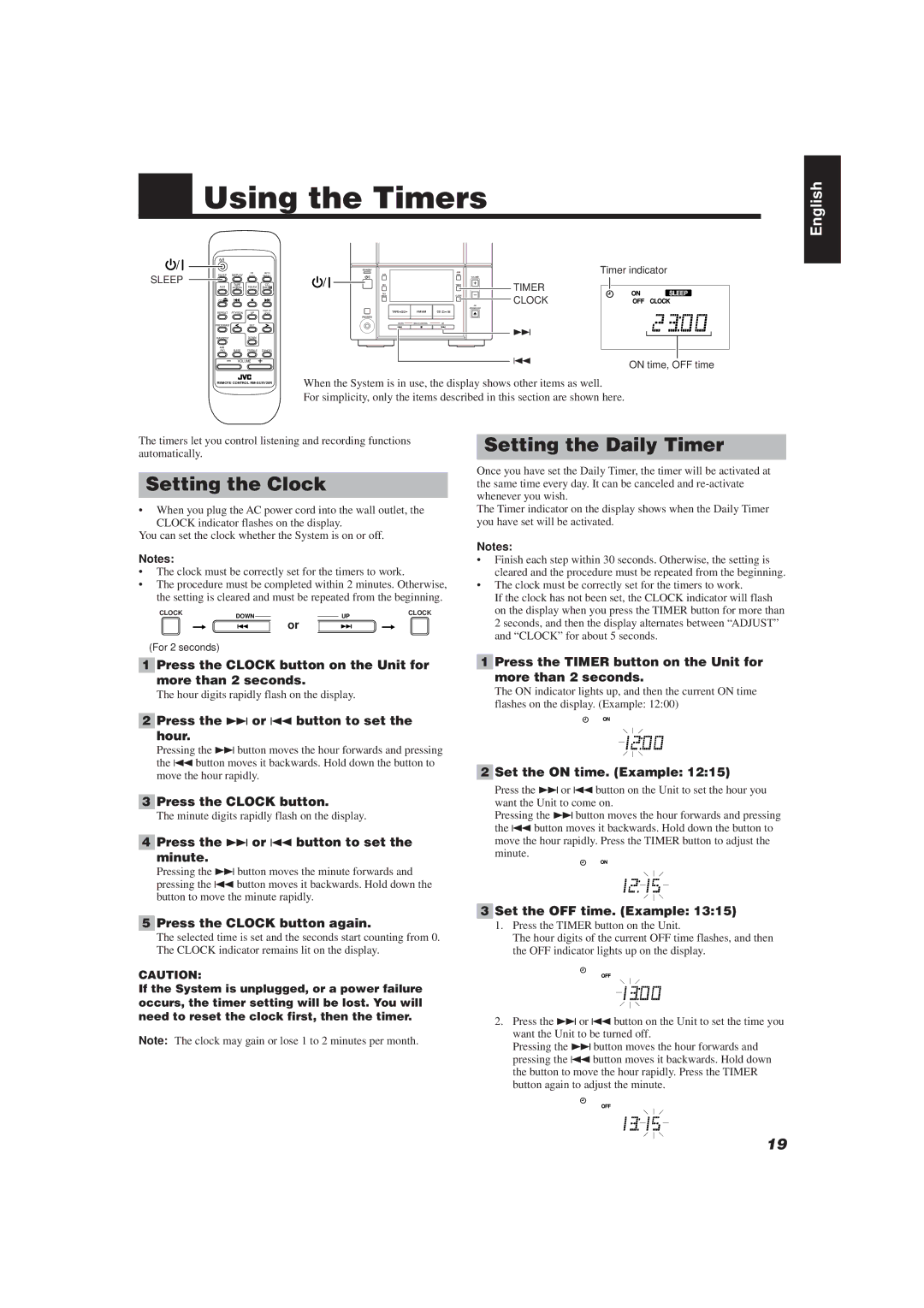 JVC UX-V20R/UX-V10 manual Using the Timers, Setting the Clock, Setting the Daily Timer 