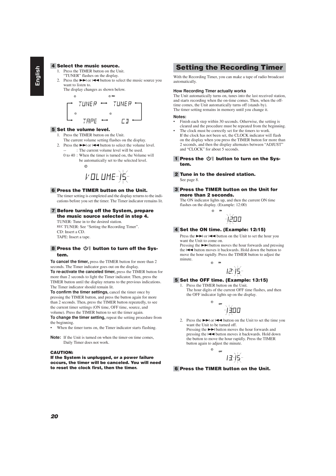 JVC UX-V20R/UX-V10 manual Setting the Recording Timer, Select the music source, Set the volume level 