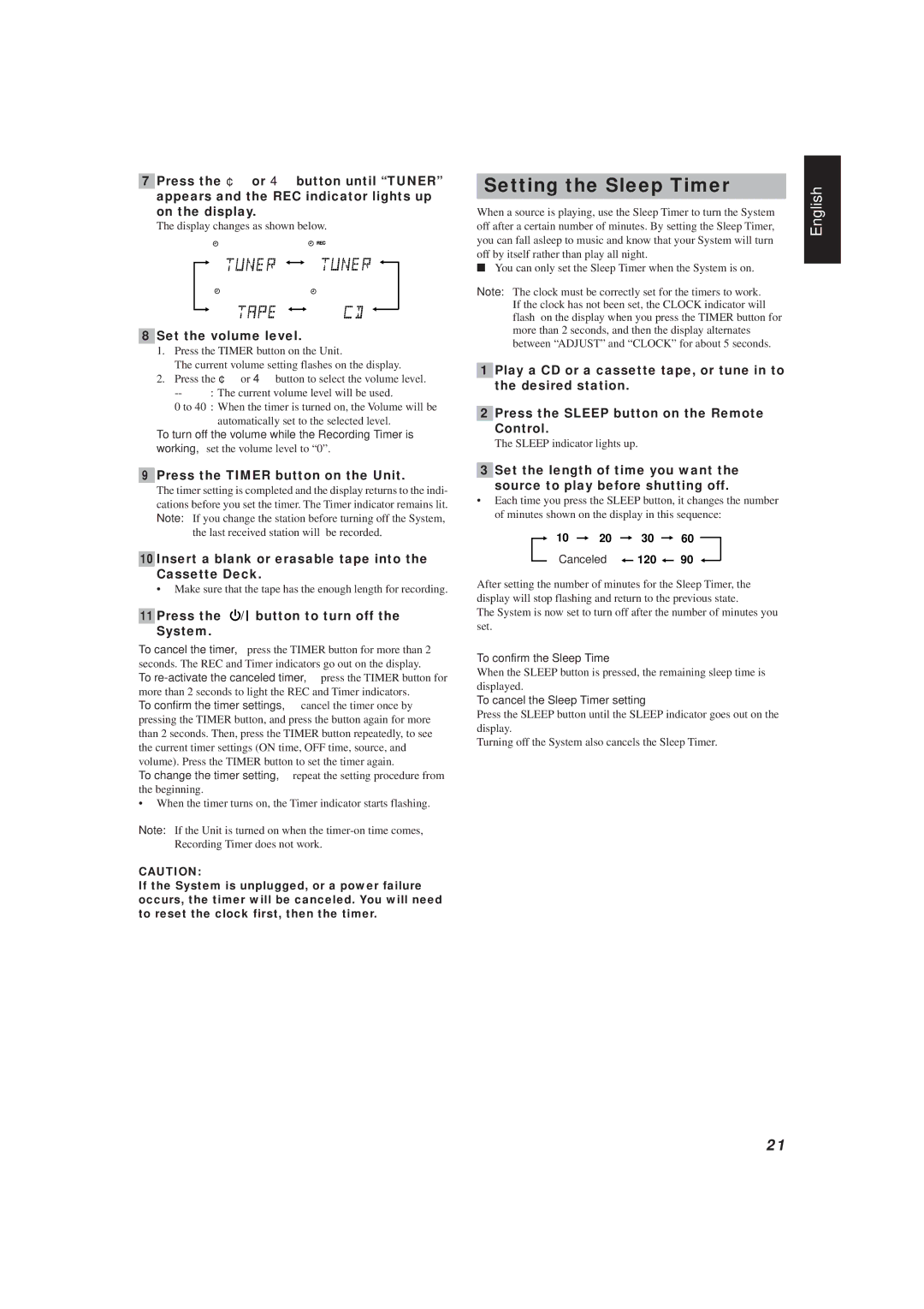 JVC UX-V20R/UX-V10 manual Setting the Sleep Timer, Insert a blank or erasable tape into the Cassette Deck 