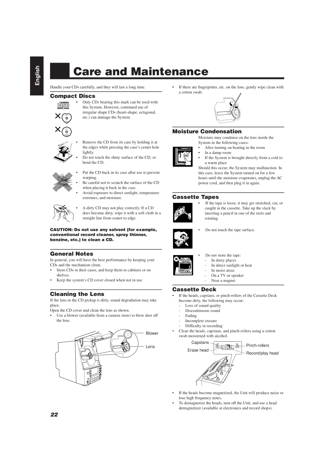 JVC UX-V20R/UX-V10 manual Care and Maintenance 