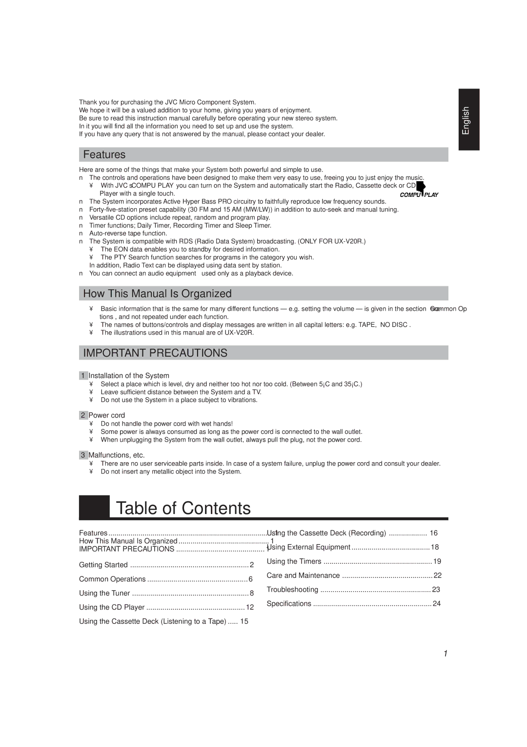 JVC UX-V20R/UX-V10 manual Table of Contents 