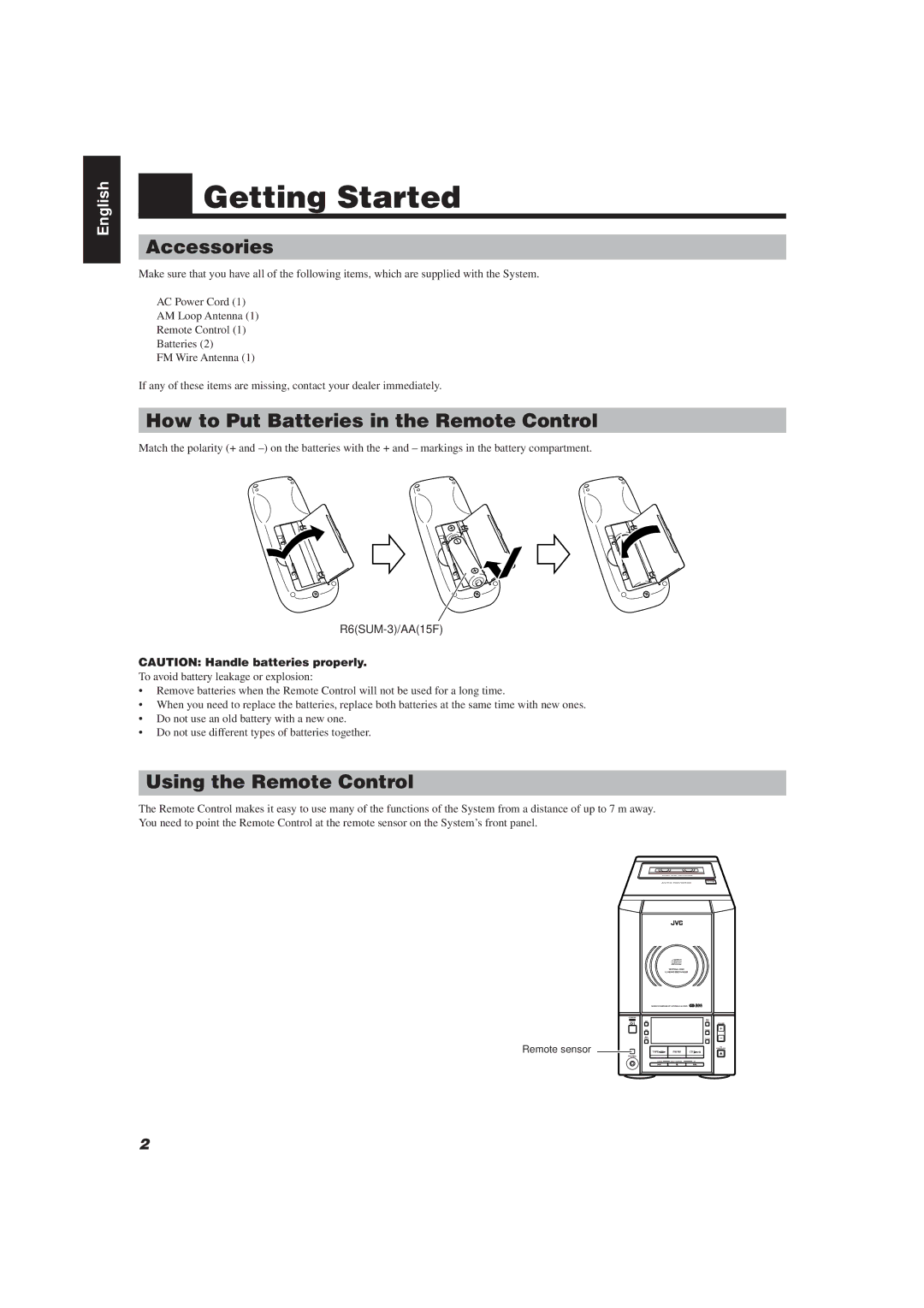 JVC UX-V20R/UX-V10 Getting Started, Accessories, How to Put Batteries in the Remote Control, Using the Remote Control 