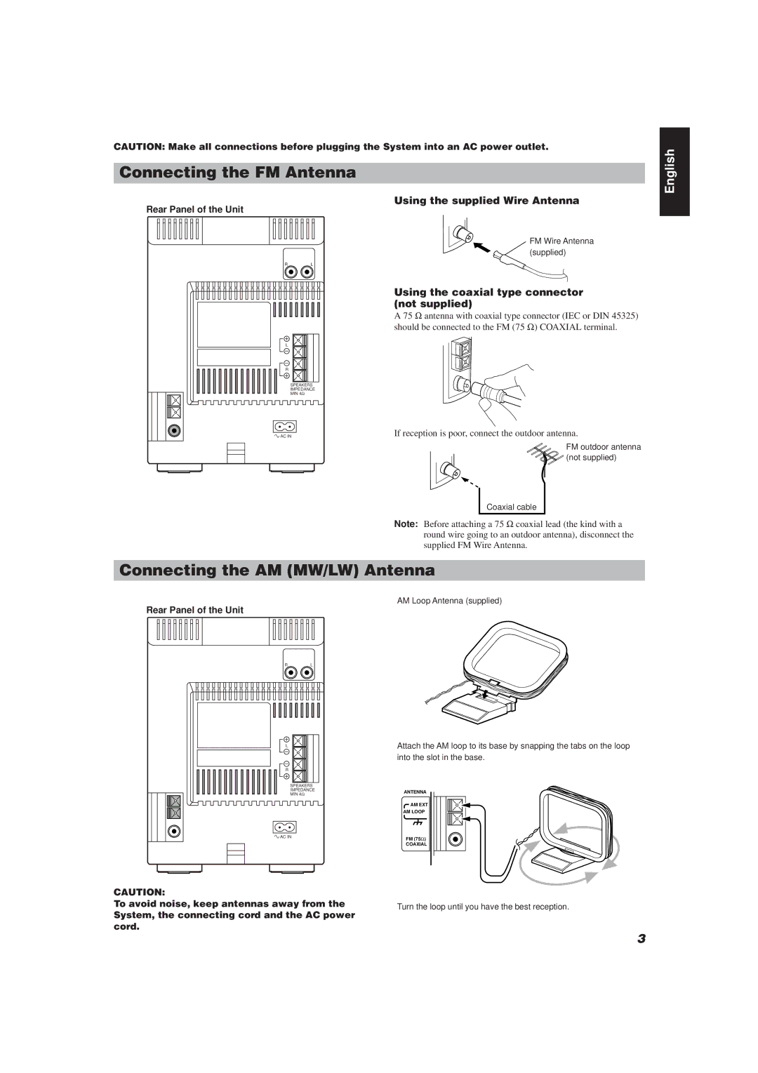 JVC UX-V20R/UX-V10 manual Connecting the FM Antenna, Connecting the AM MW/LW Antenna, Using the supplied Wire Antenna 