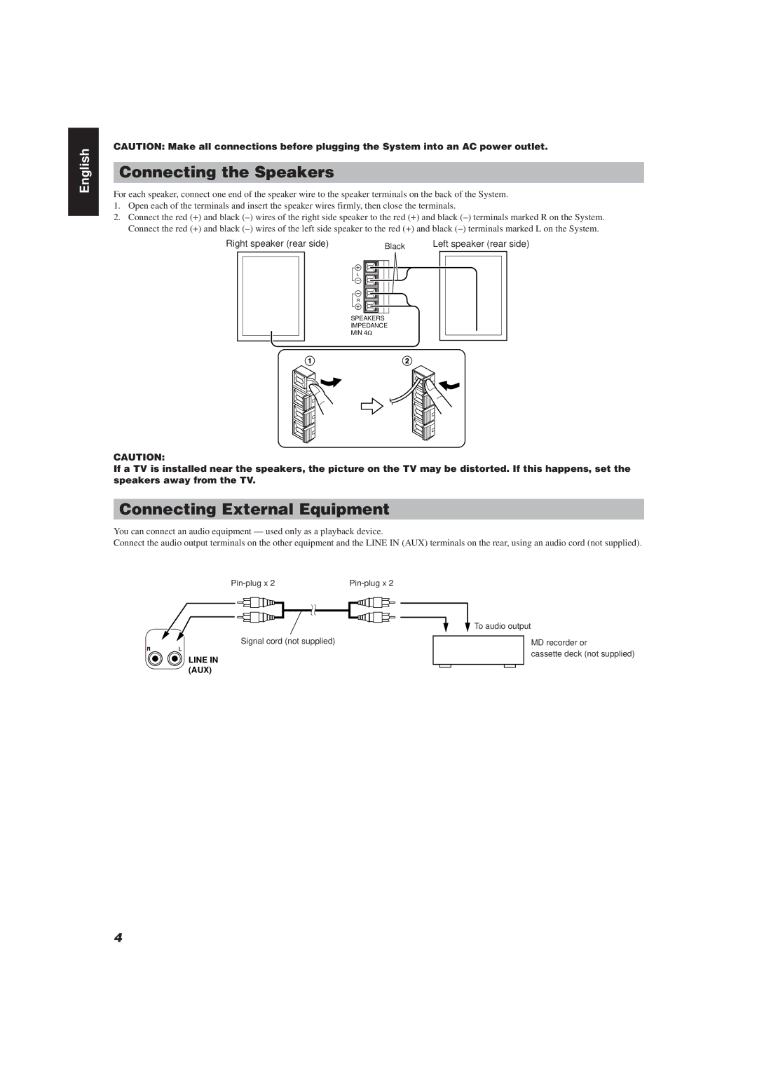 JVC UX-V20R/UX-V10 manual Connecting the Speakers, Connecting External Equipment 