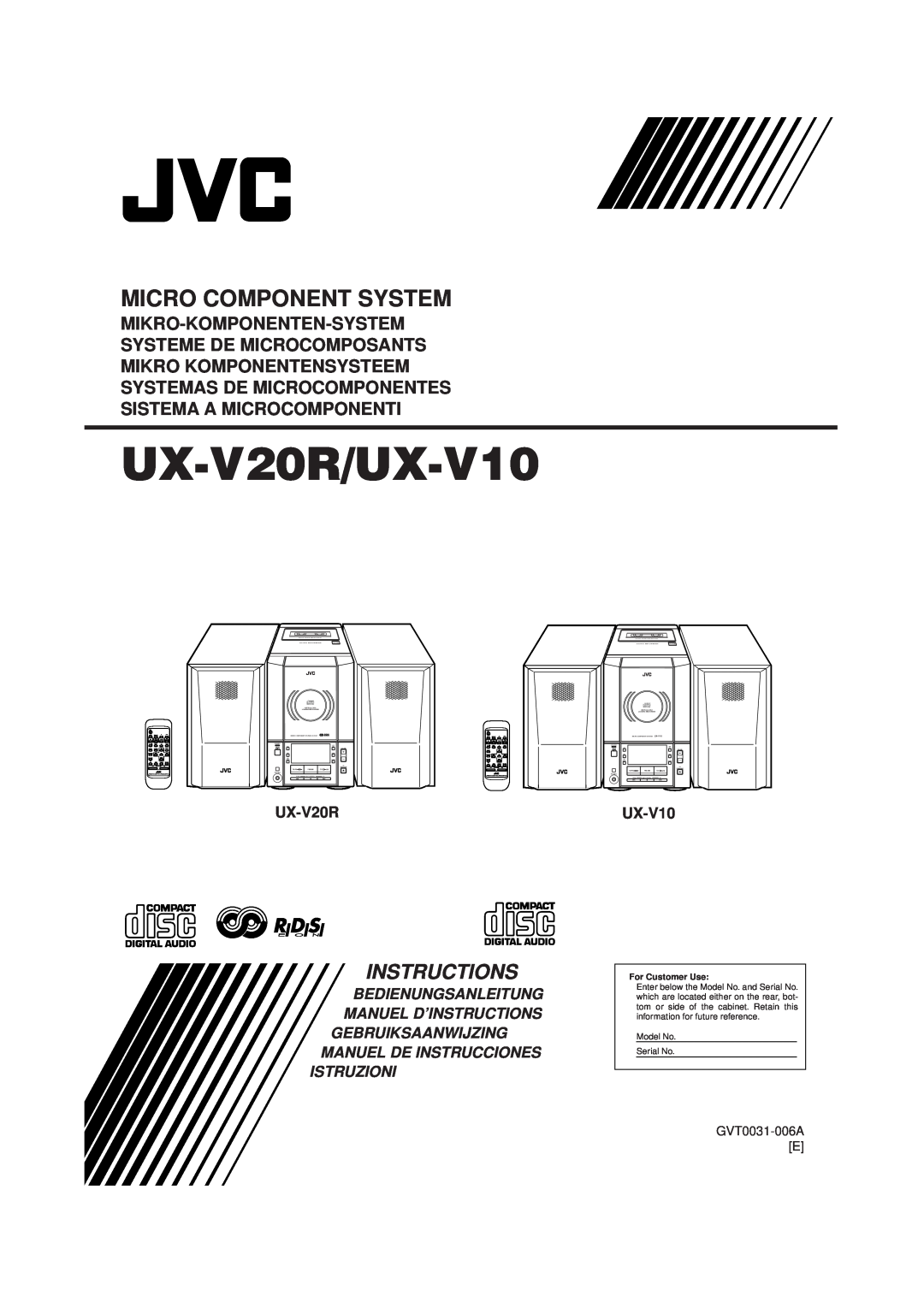 JVC UX-V20R/UX-V10 manual Bedienungsanleitung Manuel D’Instructions, Istruzioni, Micro Component System, GVT0031-006AE 