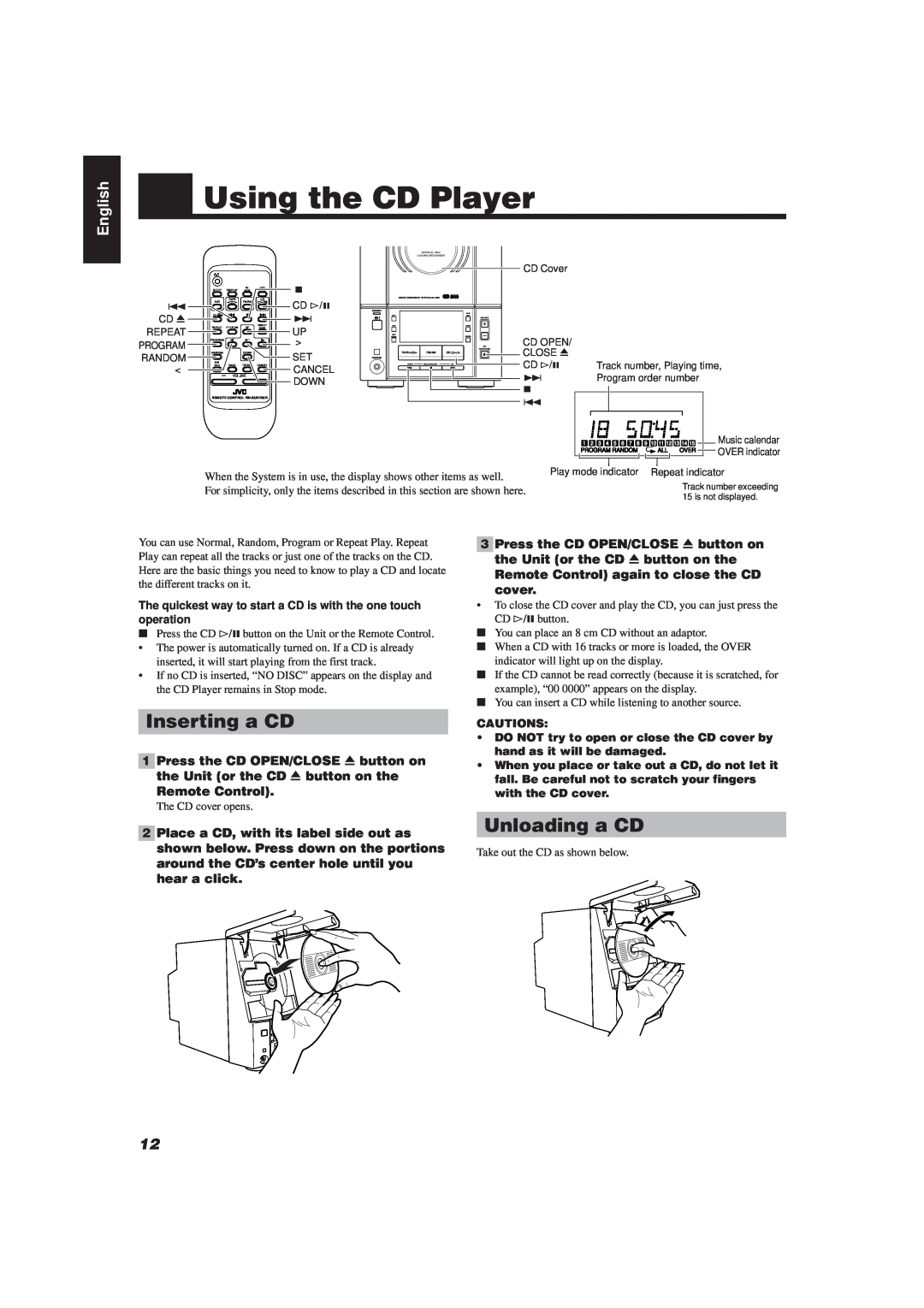 JVC UX-V20R/UX-V10 manual Using the CD Player, Inserting a CD, Unloading a CD, English, Take out the CD as shown below 