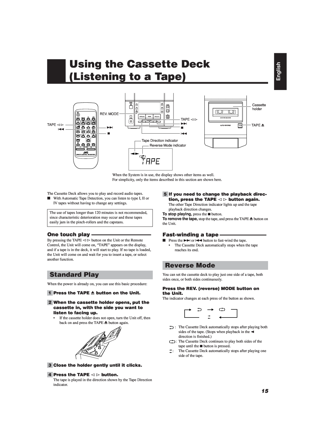 JVC UX-V20R/UX-V10 manual Using the Cassette Deck Listening to a Tape, Standard Play, Reverse Mode, One touch play, English 